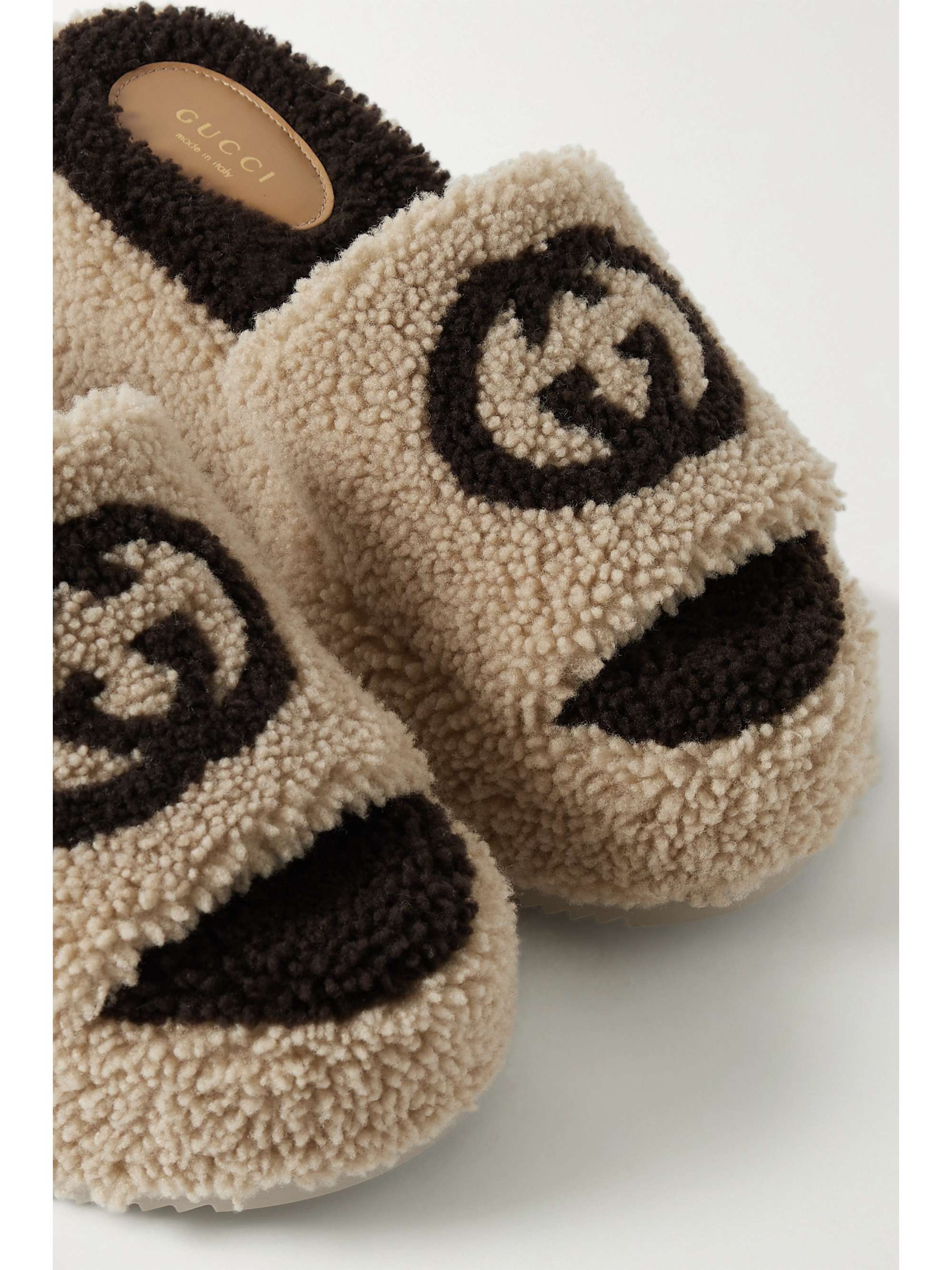 Beige Elea logo-intarsia shearling platform slides | GUCCI | NET-A-PORTER