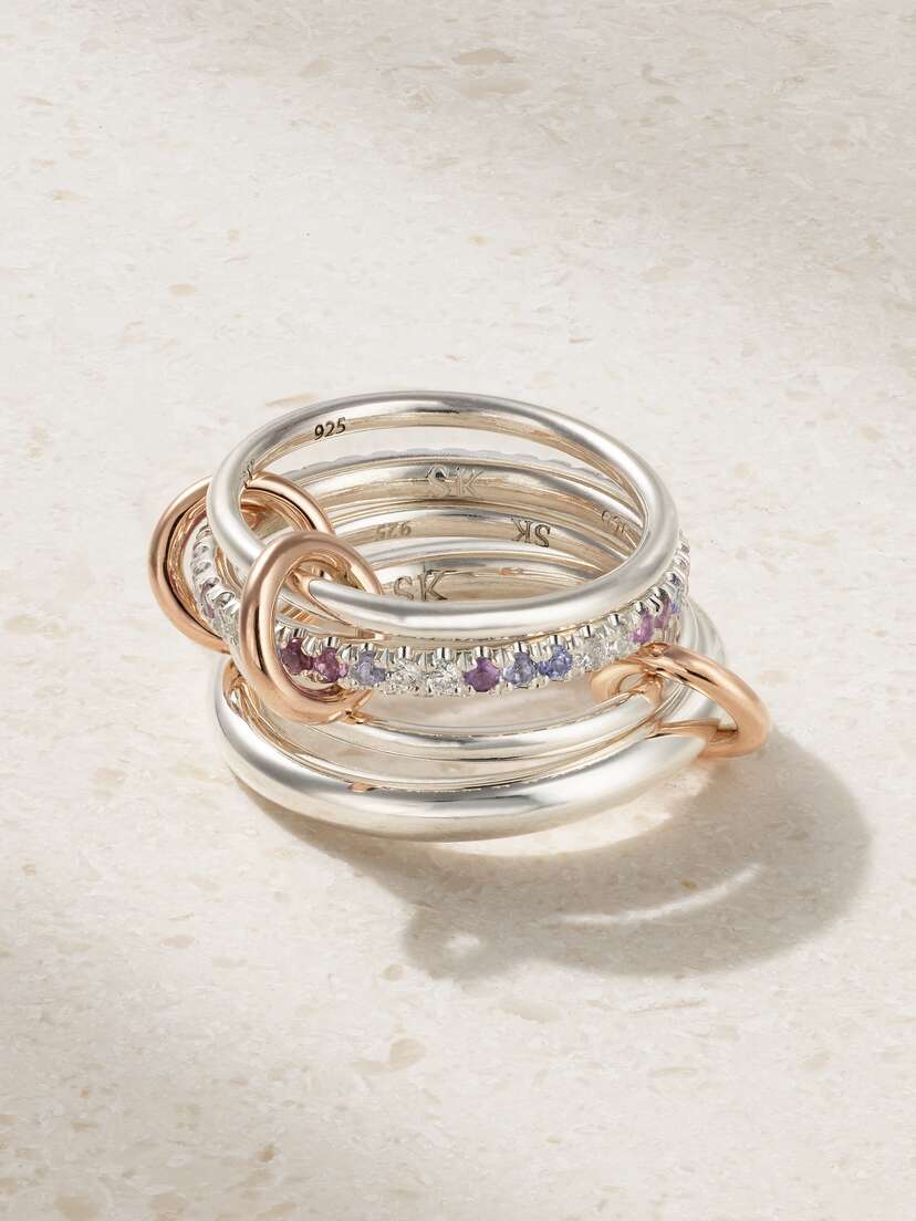 Spinelli Kilcollin Nimbus Dawn Set Of Four Sterling Silver And 18-karat Rose Gold Multi-stone Rings