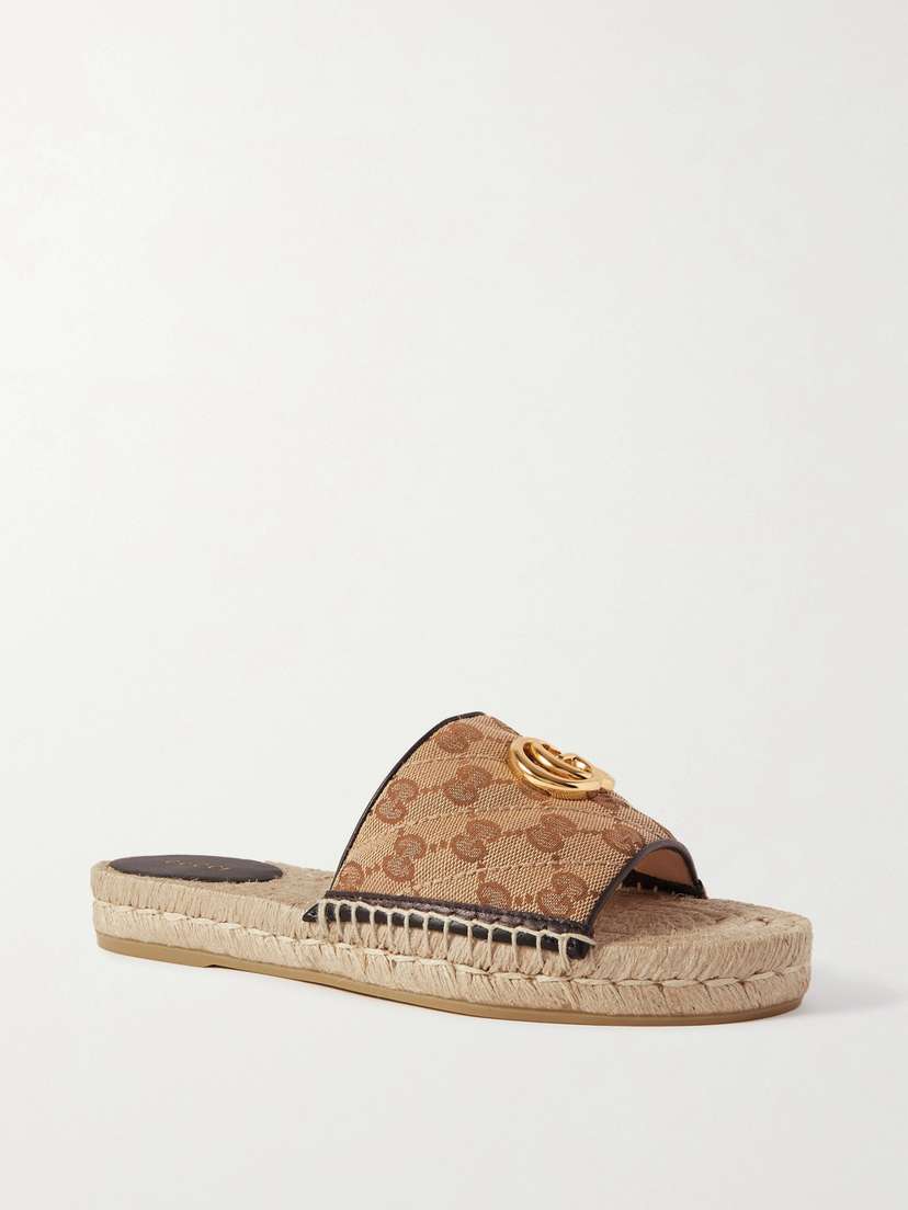 Gucci Pilar Leather-trimmed Embellished Logo-detailed Canvas Espadrille Slides