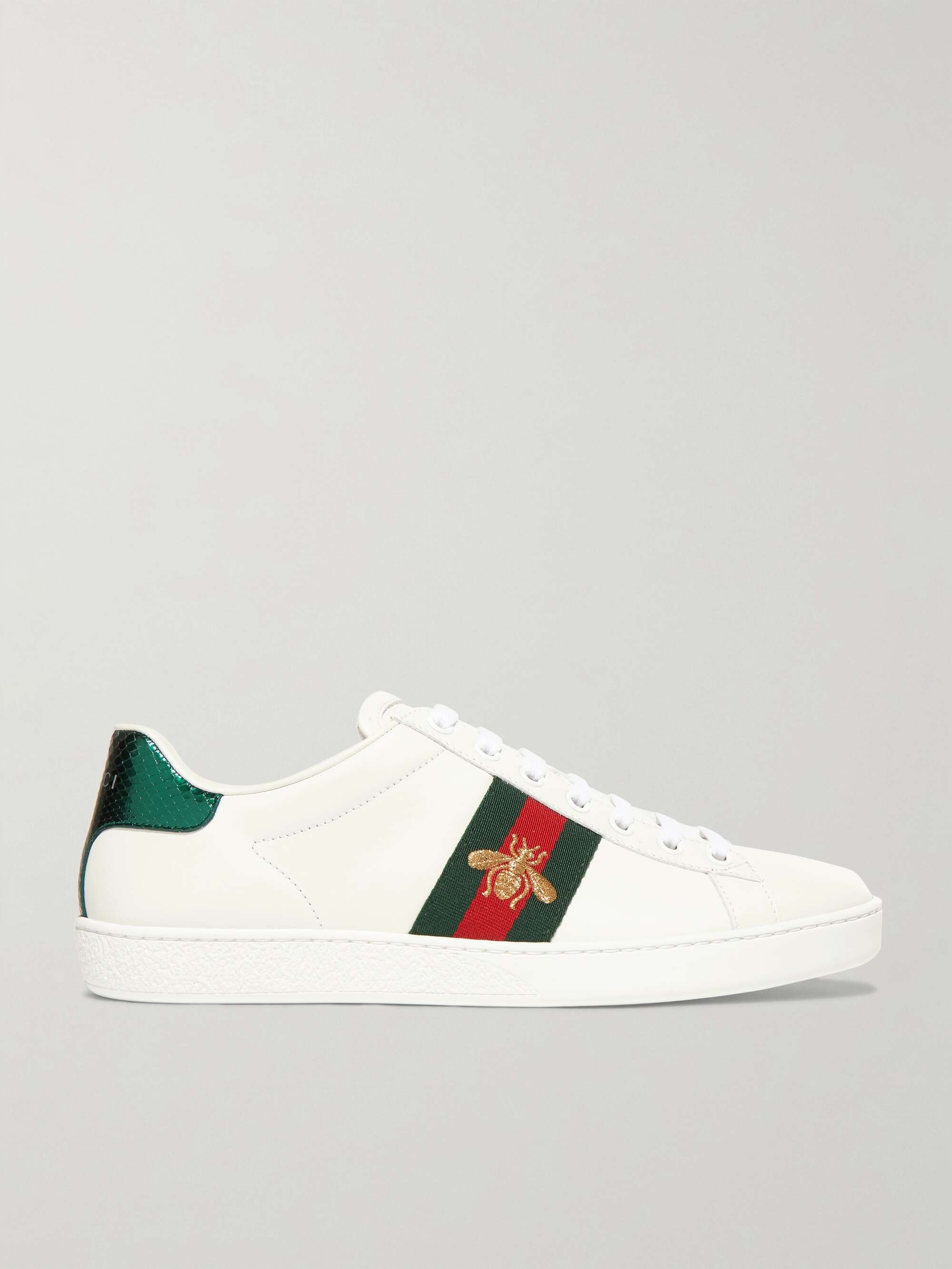 Ace watersnake-trimmed embroidered leather sneakers |