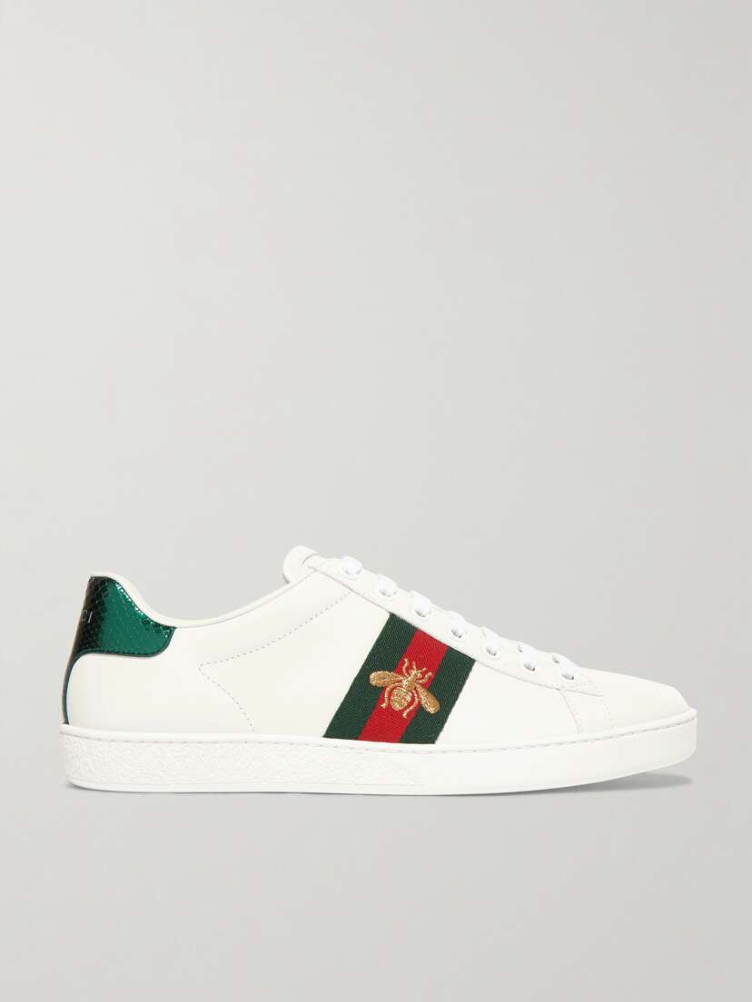 Gucci Ace Watersnake-trimmed Embroidered Leather Sneakers