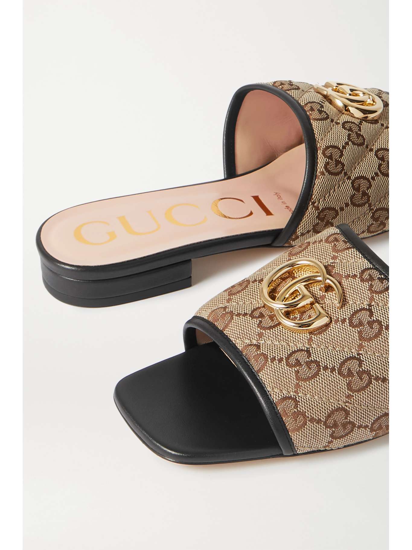 GUCCI Jolie leathertrimmed embellished logodetailed canvas slides