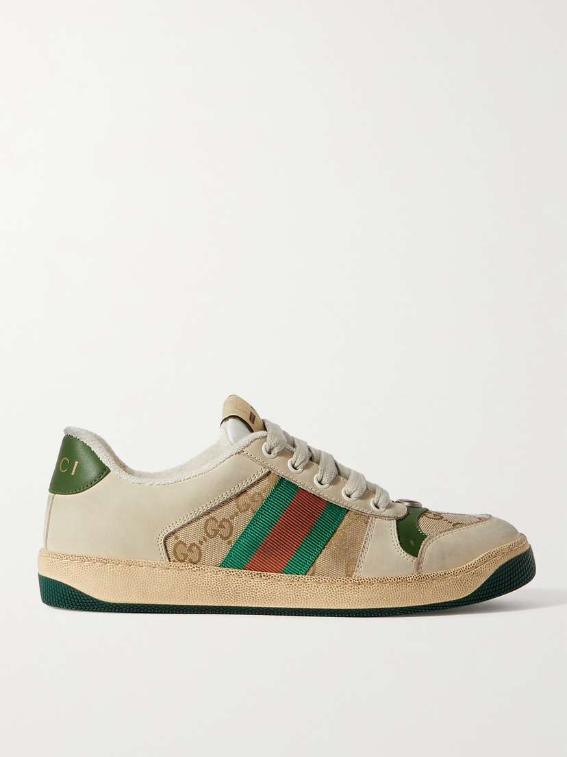 Gucci Screener Suede, Distressed Leather And Canvas Sneakers