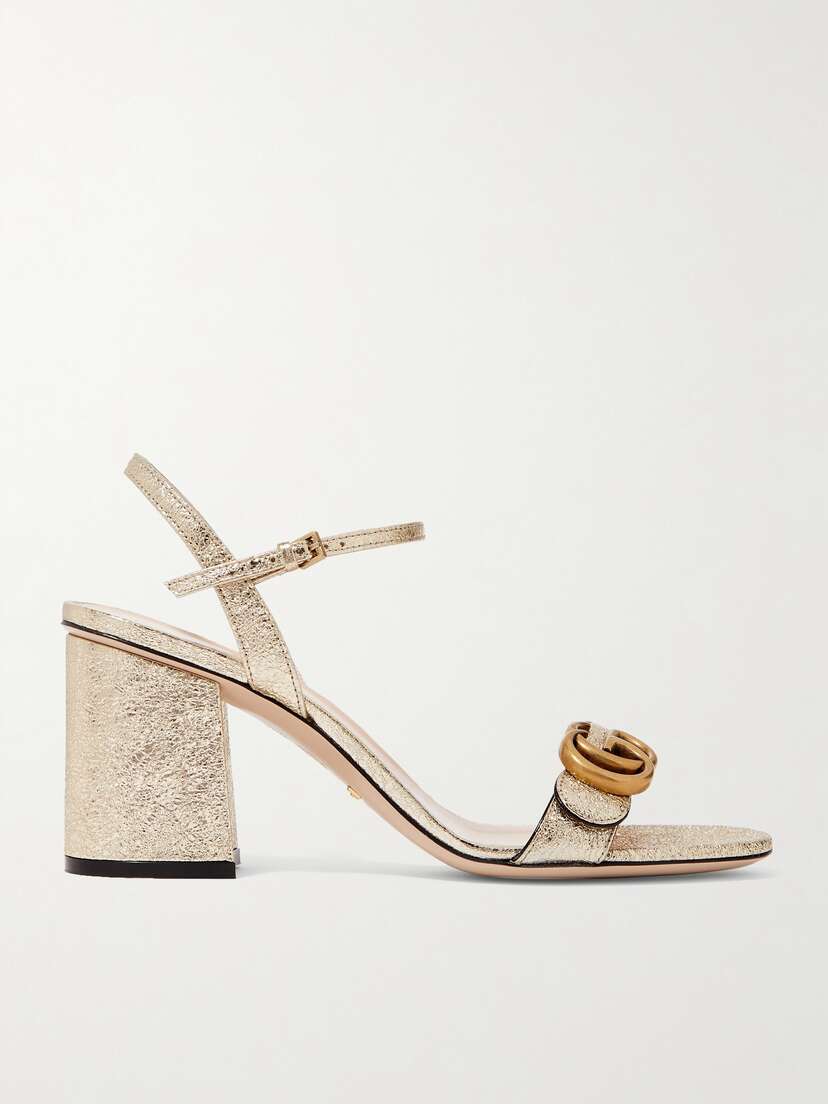 Gucci Marmont Logo-embellished Metallic Cracked-leather Sandals