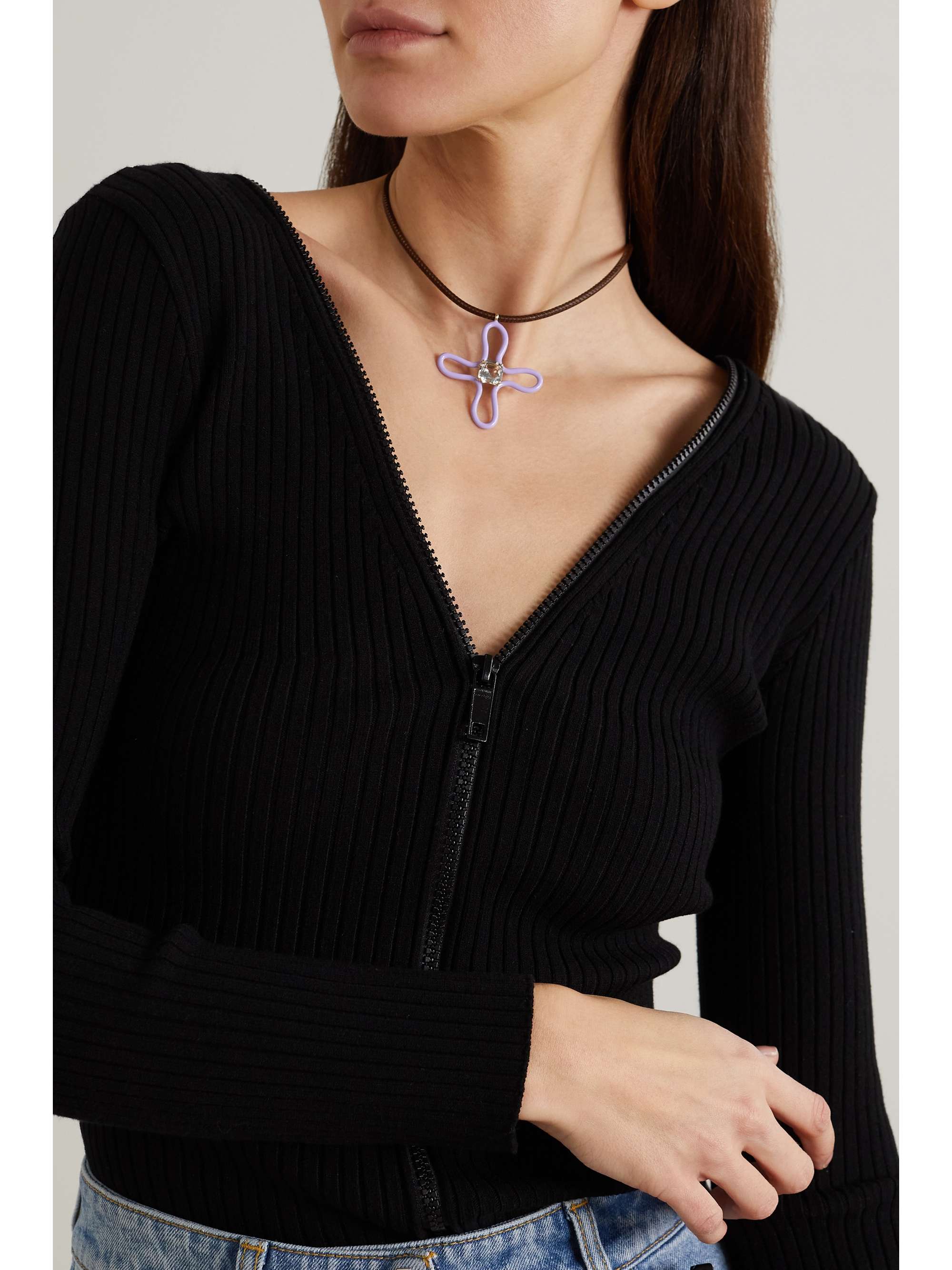 BEA BONGIASCA Pop 9-karat gold, amethyst, enamel and leather choker