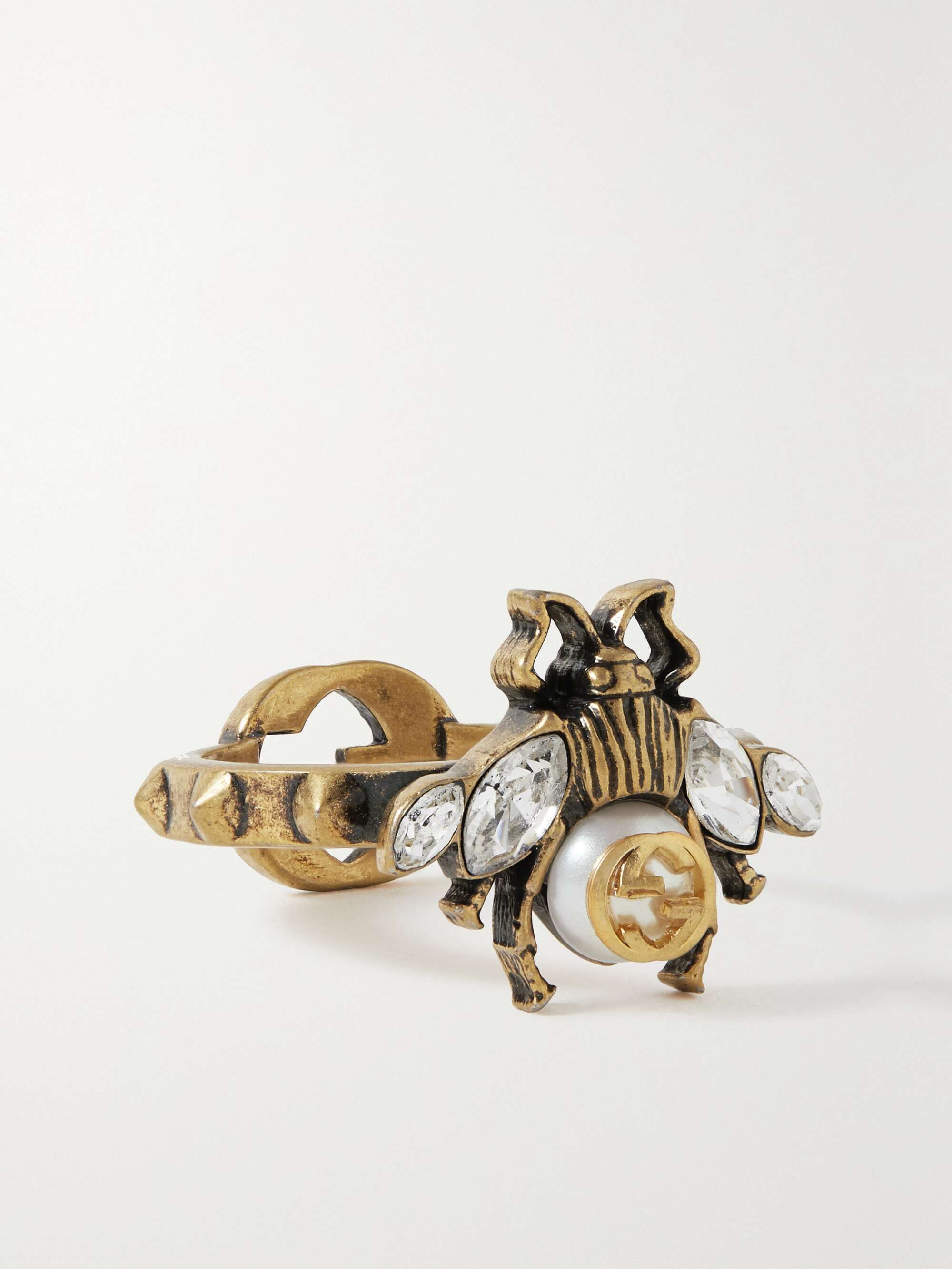 GUCCI Gold-tone, crystal and faux pearl ring | NET-A-PORTER