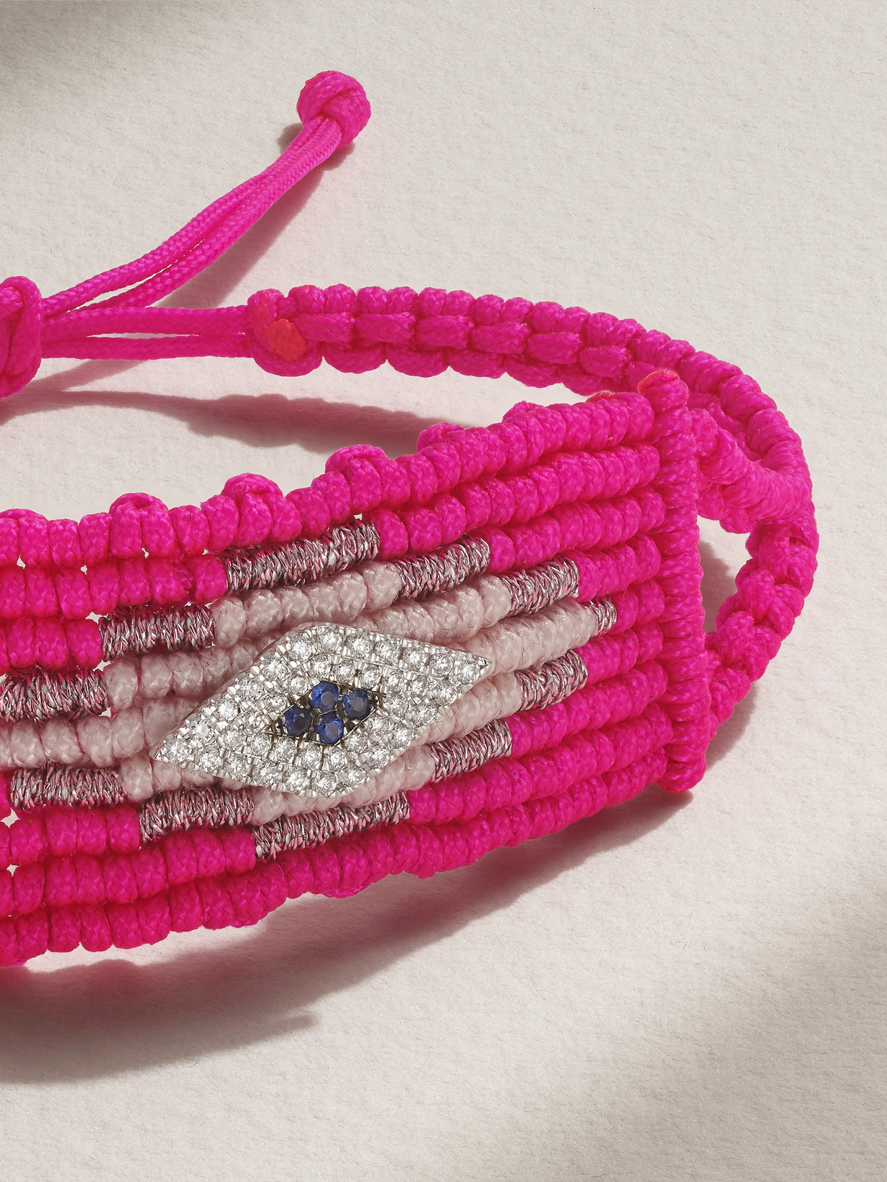 Shop Diane Kordas Evil Eye Woven Cord, 14-karat White Gold, Diamond And Sapphire Bracelet In Pink