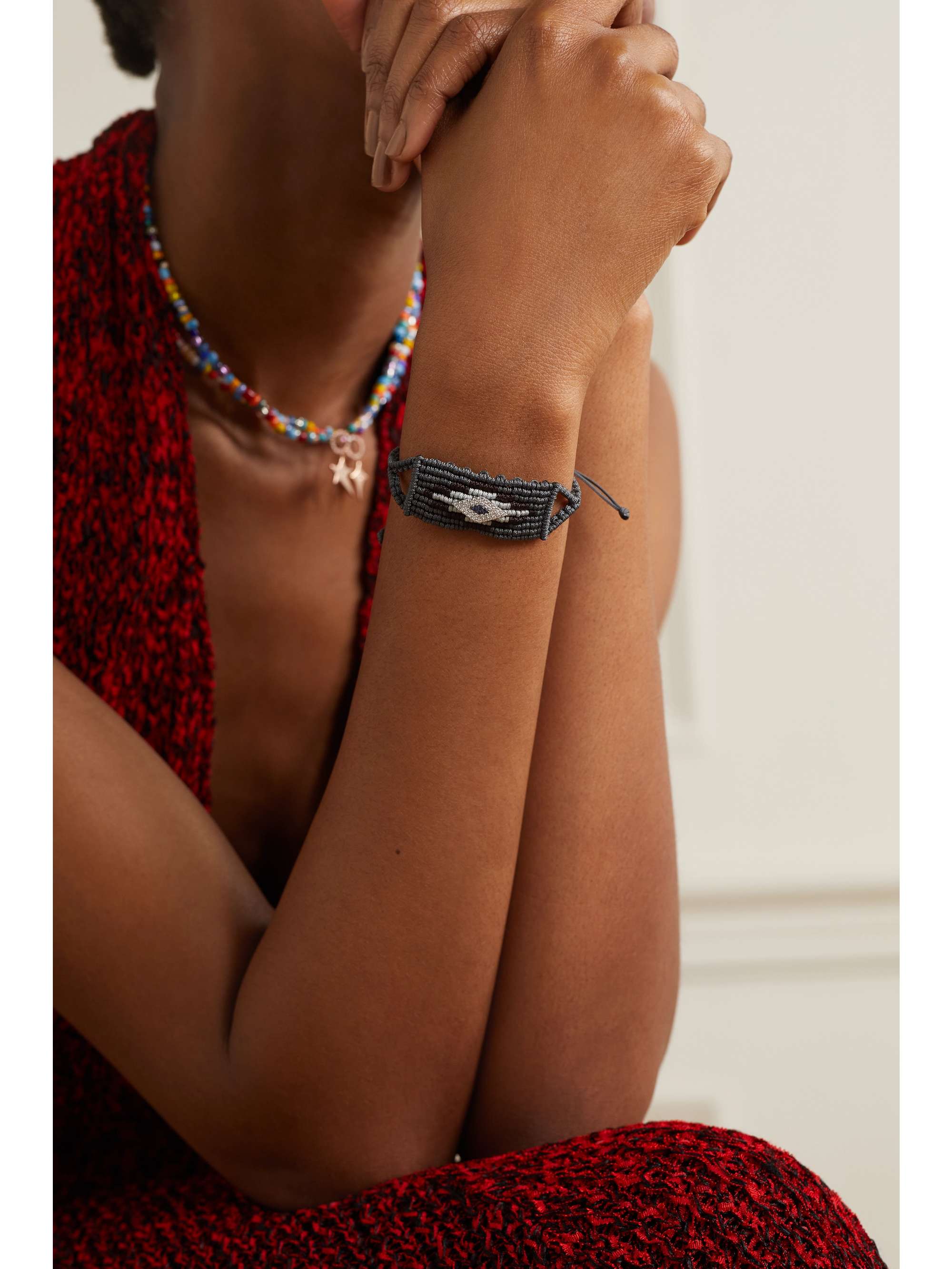 DIANE KORDAS Evil Eye woven cord, 14-karat white gold, diamond and sapphire bracelet