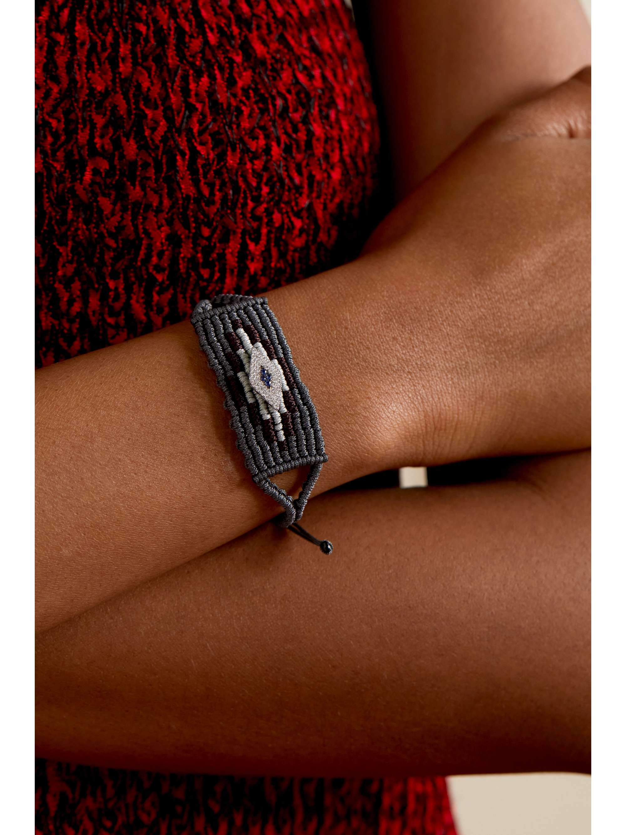 DIANE KORDAS Evil Eye woven cord, 14-karat white gold, diamond and sapphire bracelet