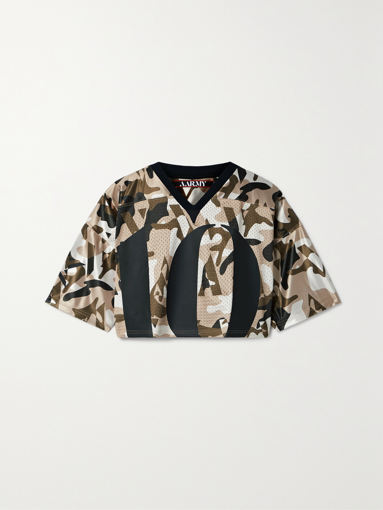 Aarmy Cropped Appliquéd Printed Mesh T-shirt In Brown