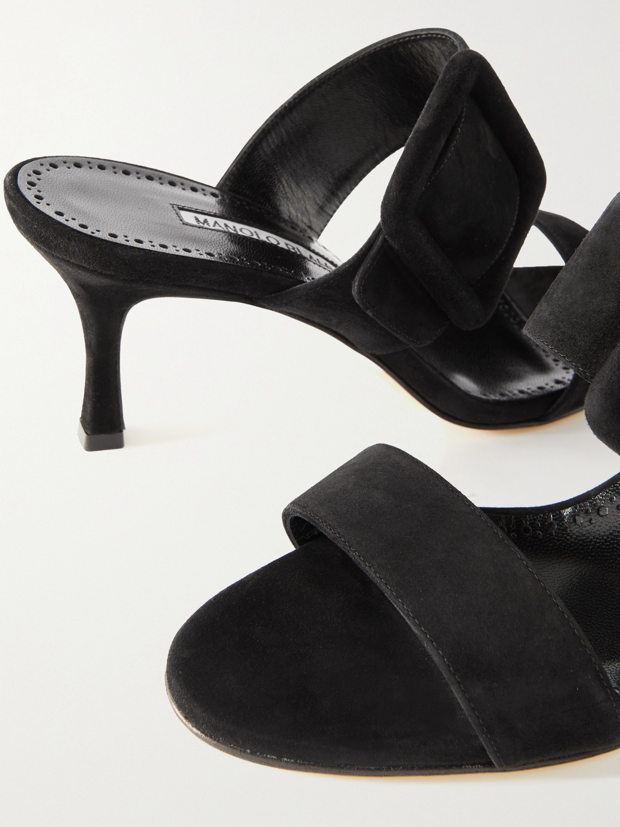 Manolo Blahnik Gable Suede Buckle Slide Sandals In Black