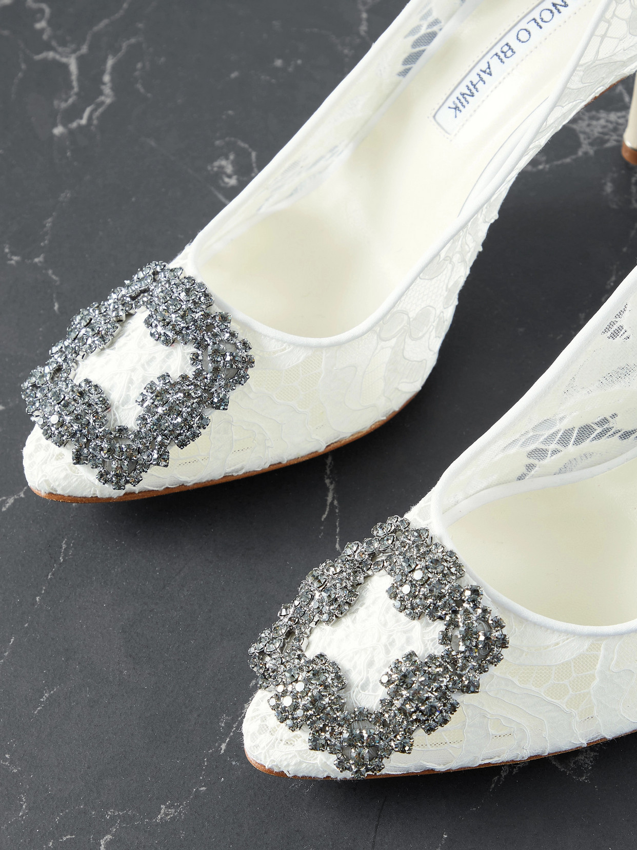 Shop Manolo Blahnik Hangisi 90 Crystal-embellished Corded Lace Pumps In White