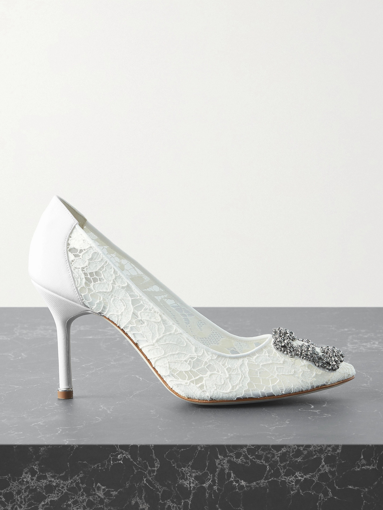 Manolo Blahnik Hangisi 90 Embellished Corded Lace Pumps In White