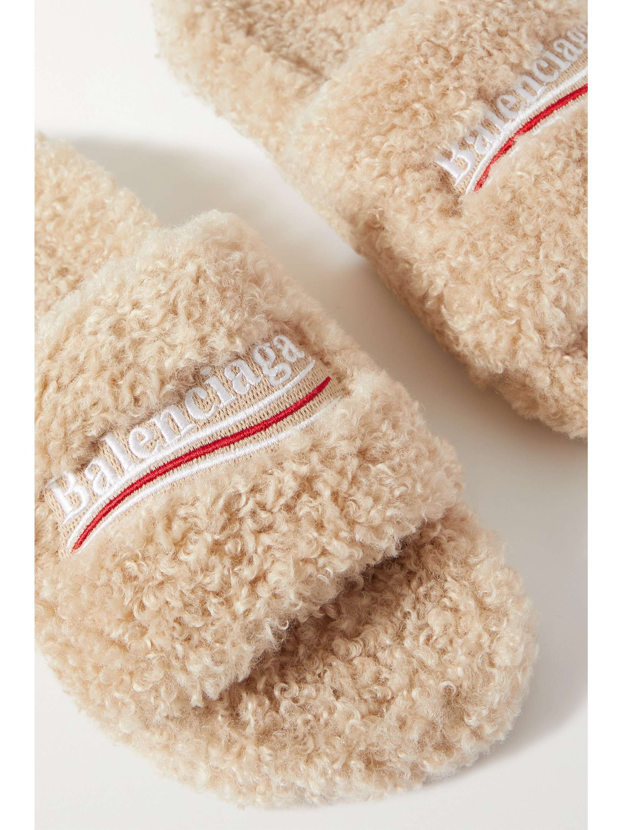BALENCIAGA Furry logo-embroidered faux shearling slides
