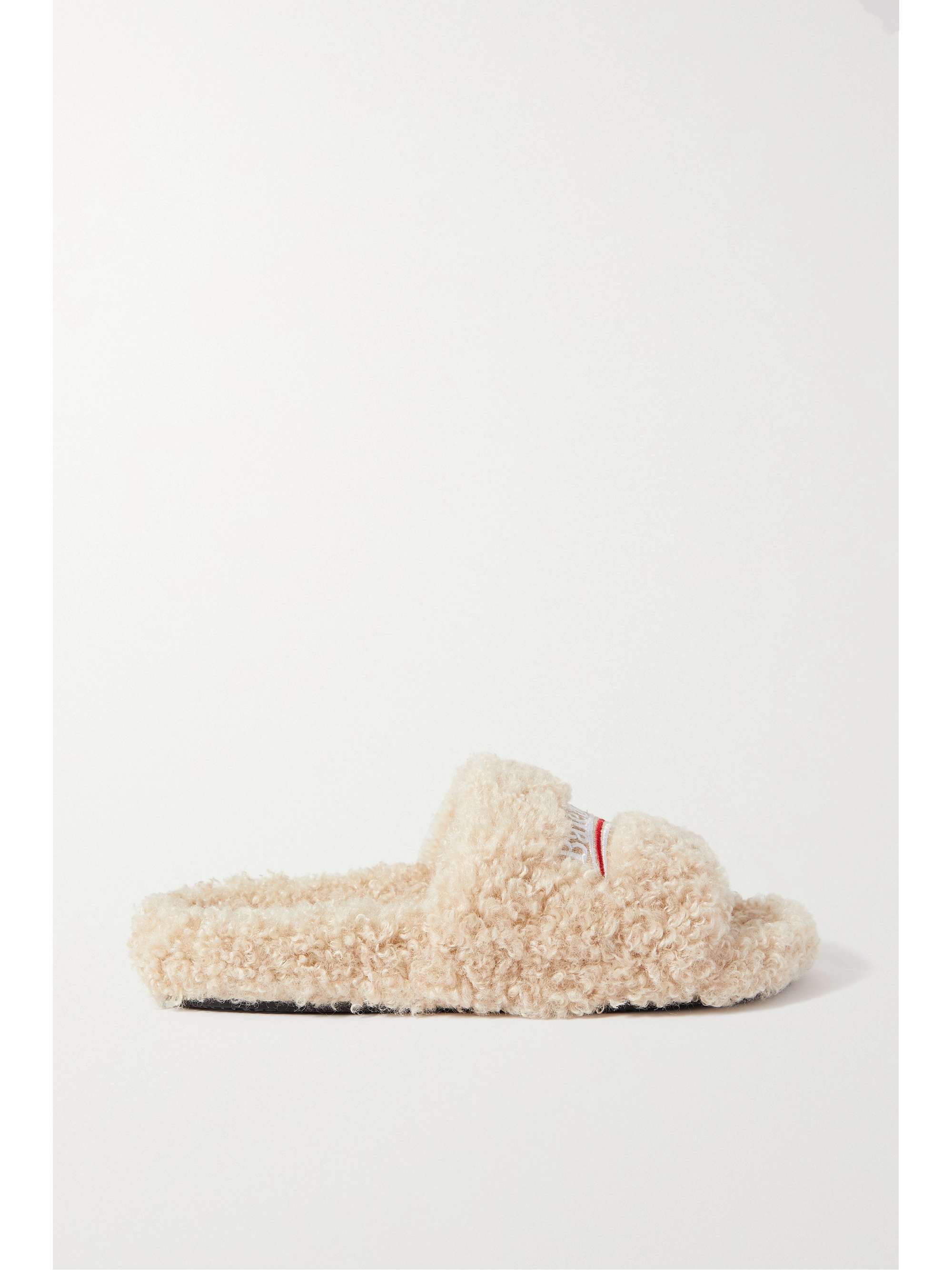 BALENCIAGA Furry logo-embroidered faux shearling slides