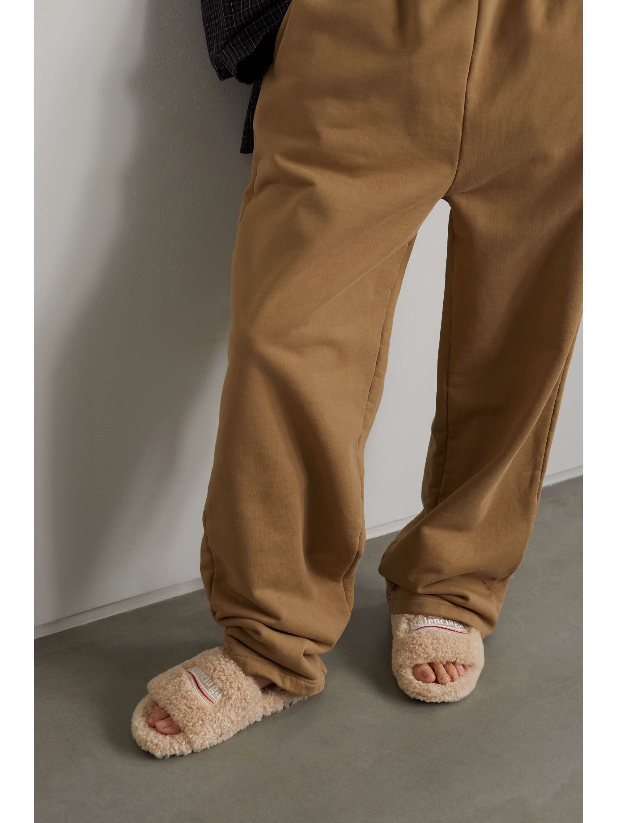 BALENCIAGA Furry logo-embroidered faux shearling slides