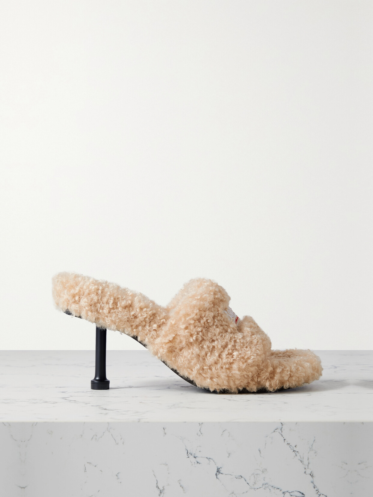 BALENCIAGA FURRY LOGO-EMBROIDERED FAUX SHEARLING MULES