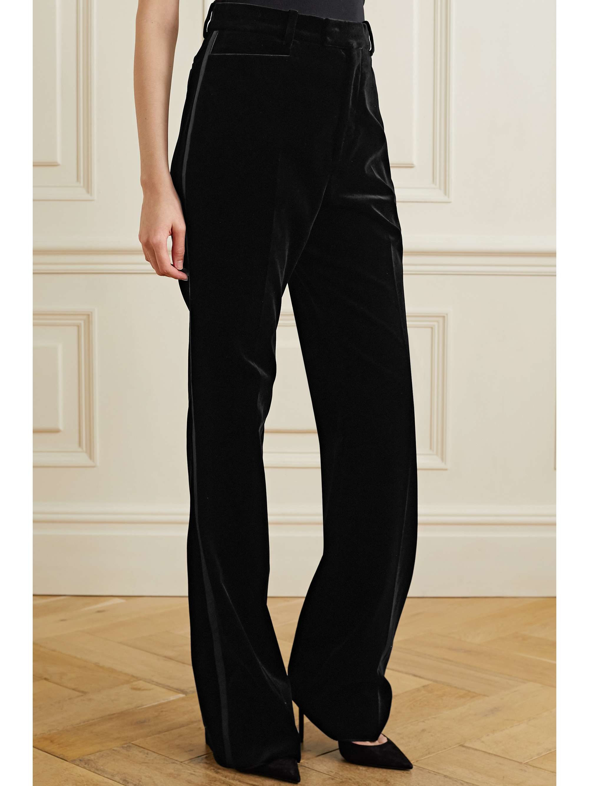 GUCCI Aria silk-trimmed stretch-cotton velvet straight-leg pants