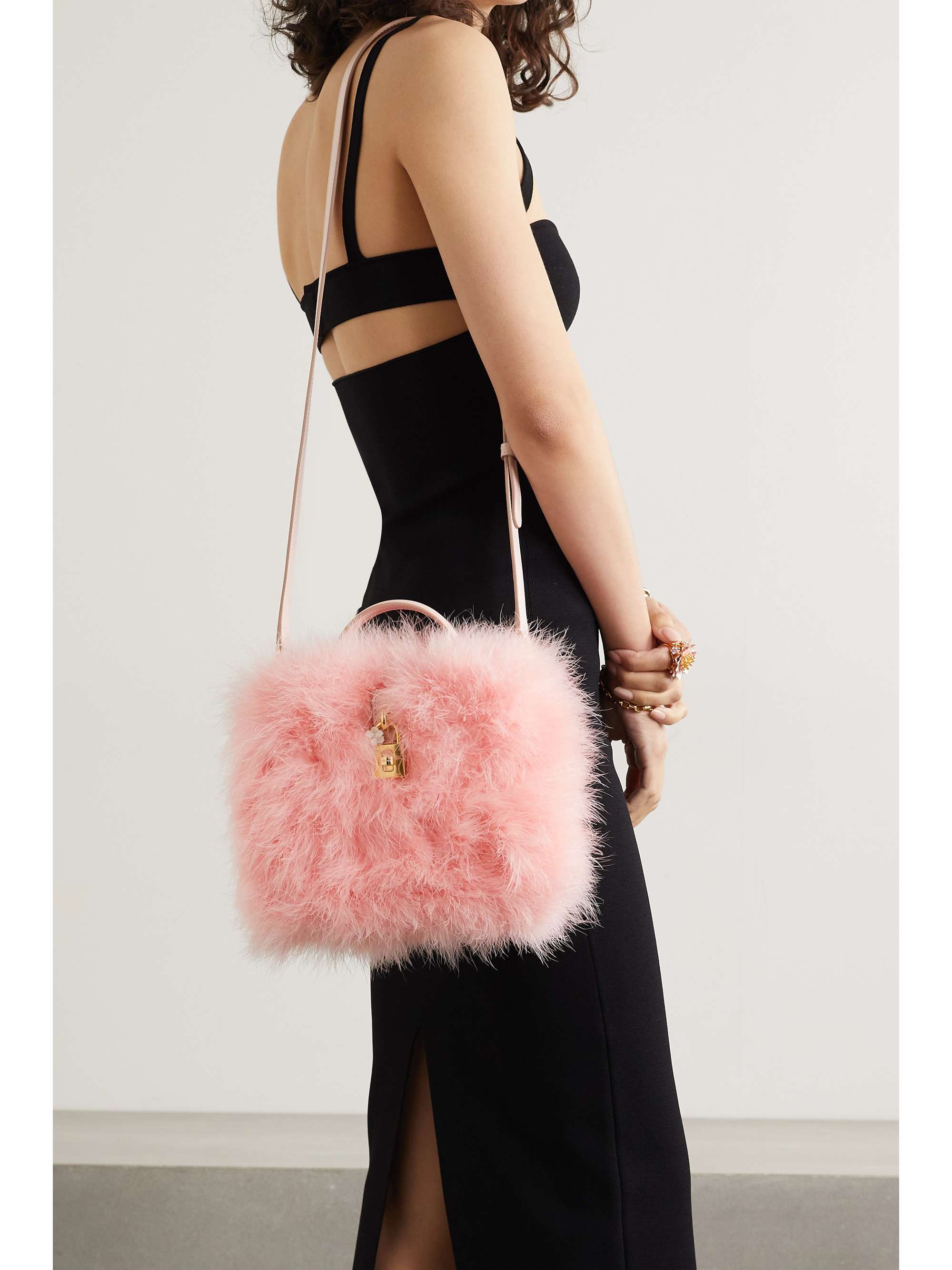 DOLCE&GABBANA Feather-trimmed leather tote