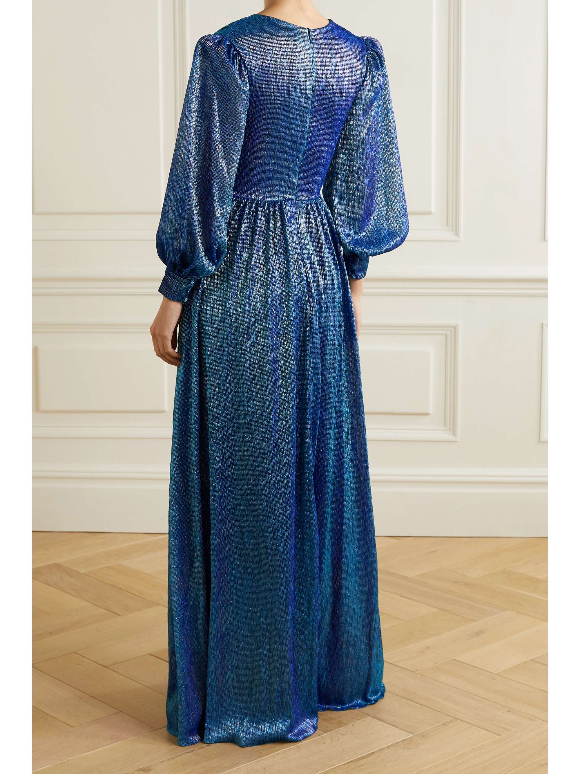 PATBO Crystal-embellished gathered metallic lamé gown