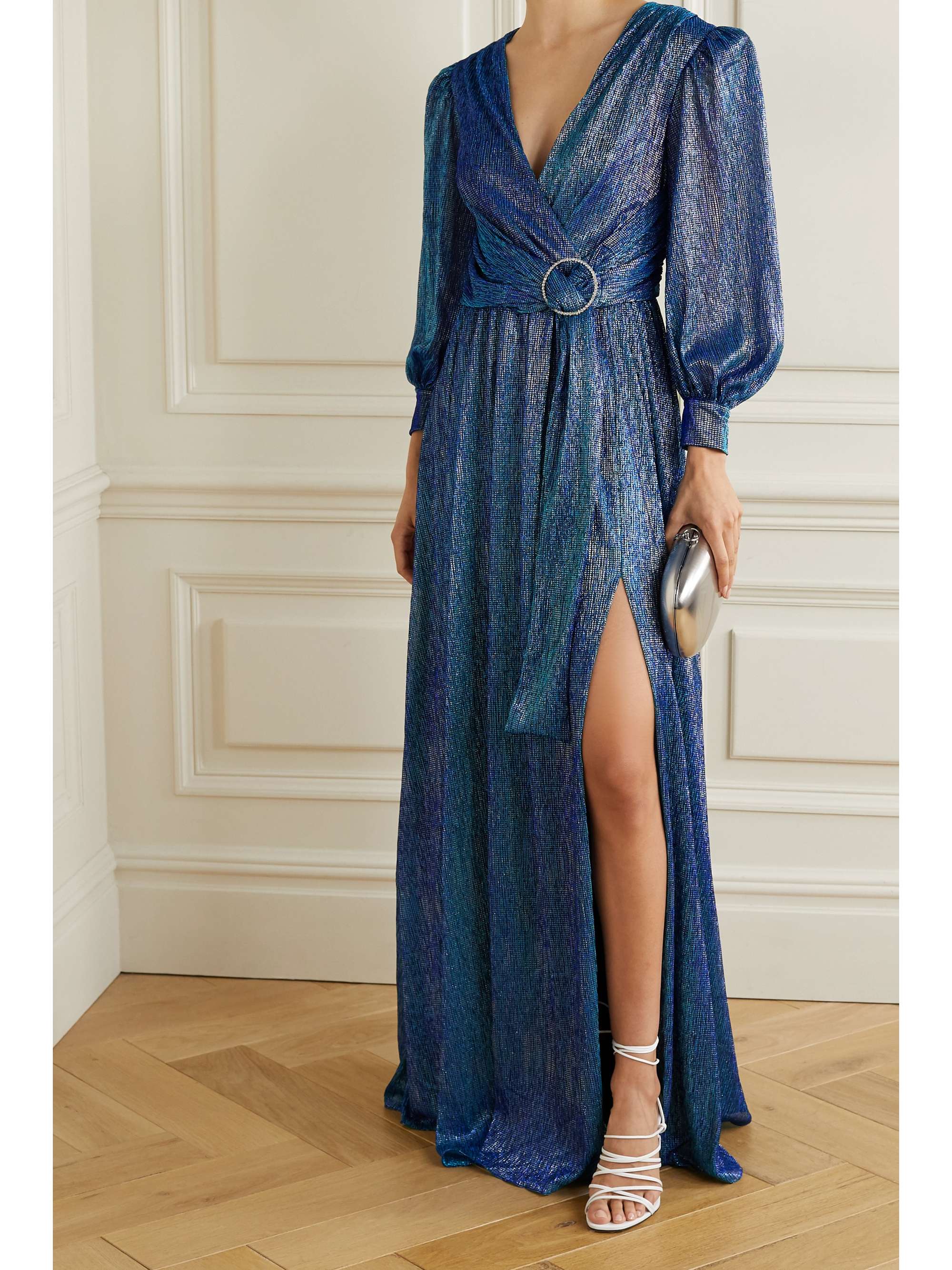 PATBO Crystal-embellished gathered metallic lamé gown