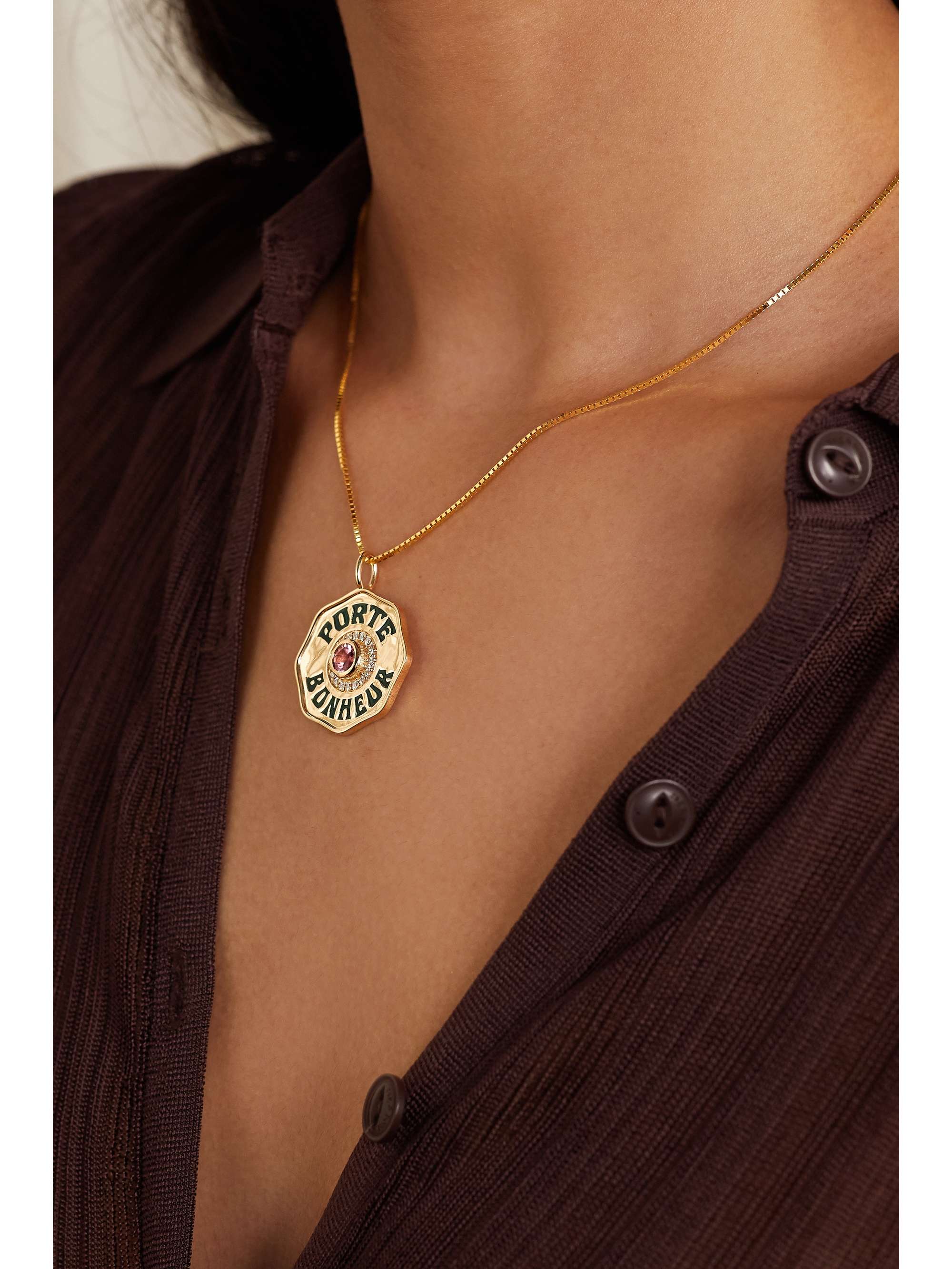 Gold Porte Bonheur Coin Large 14 Karat Gold Enamel Tourmaline And Diamond Necklace Marlo Laz Net A Porter