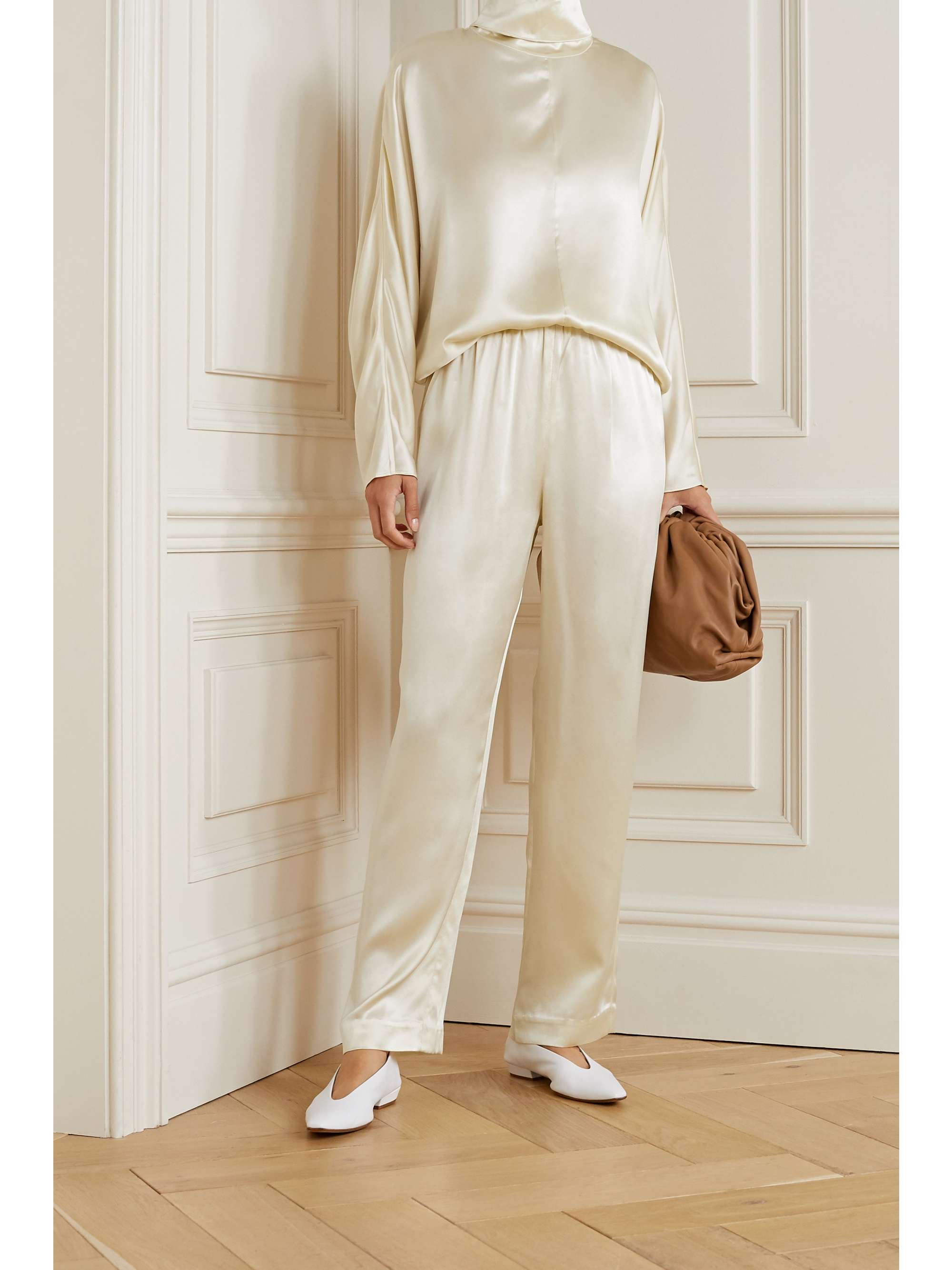 Cream Silk-satin turtleneck blouse | CO 