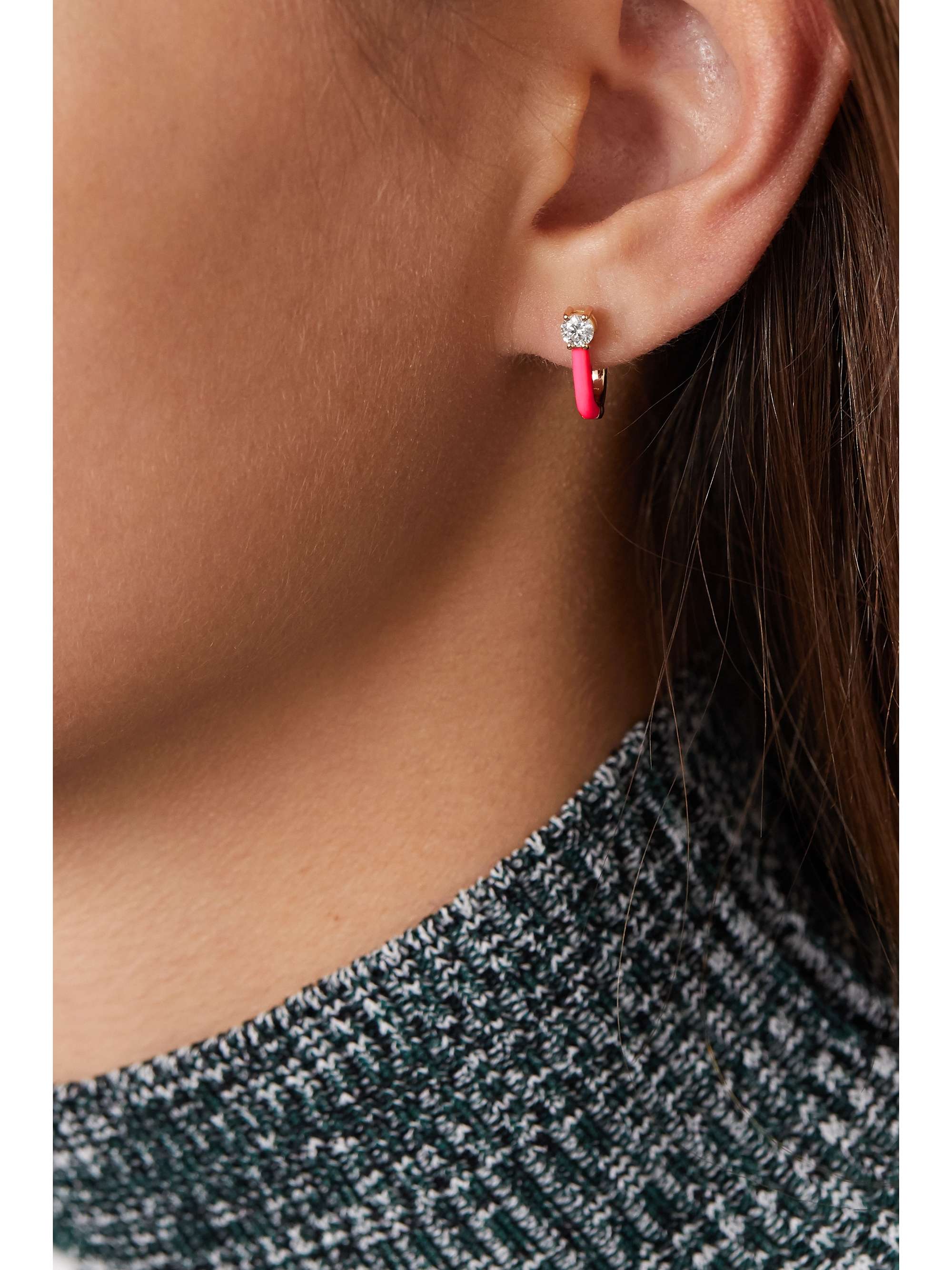 MELISSA KAYE Aria U Huggie 18-karat rose gold, enamel and diamond hoop earrings