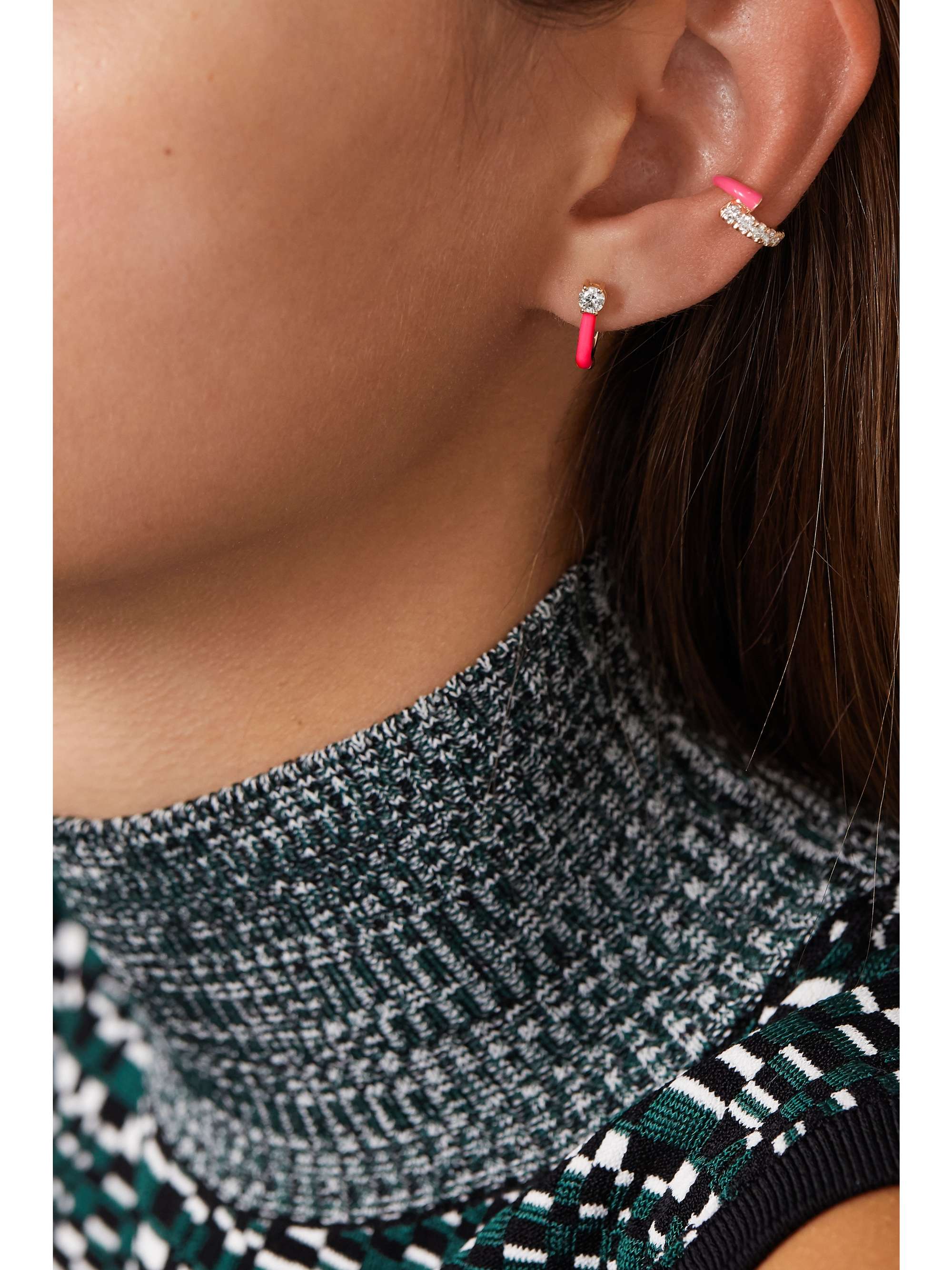 MELISSA KAYE Aria U Huggie 18-karat rose gold, enamel and diamond hoop earrings