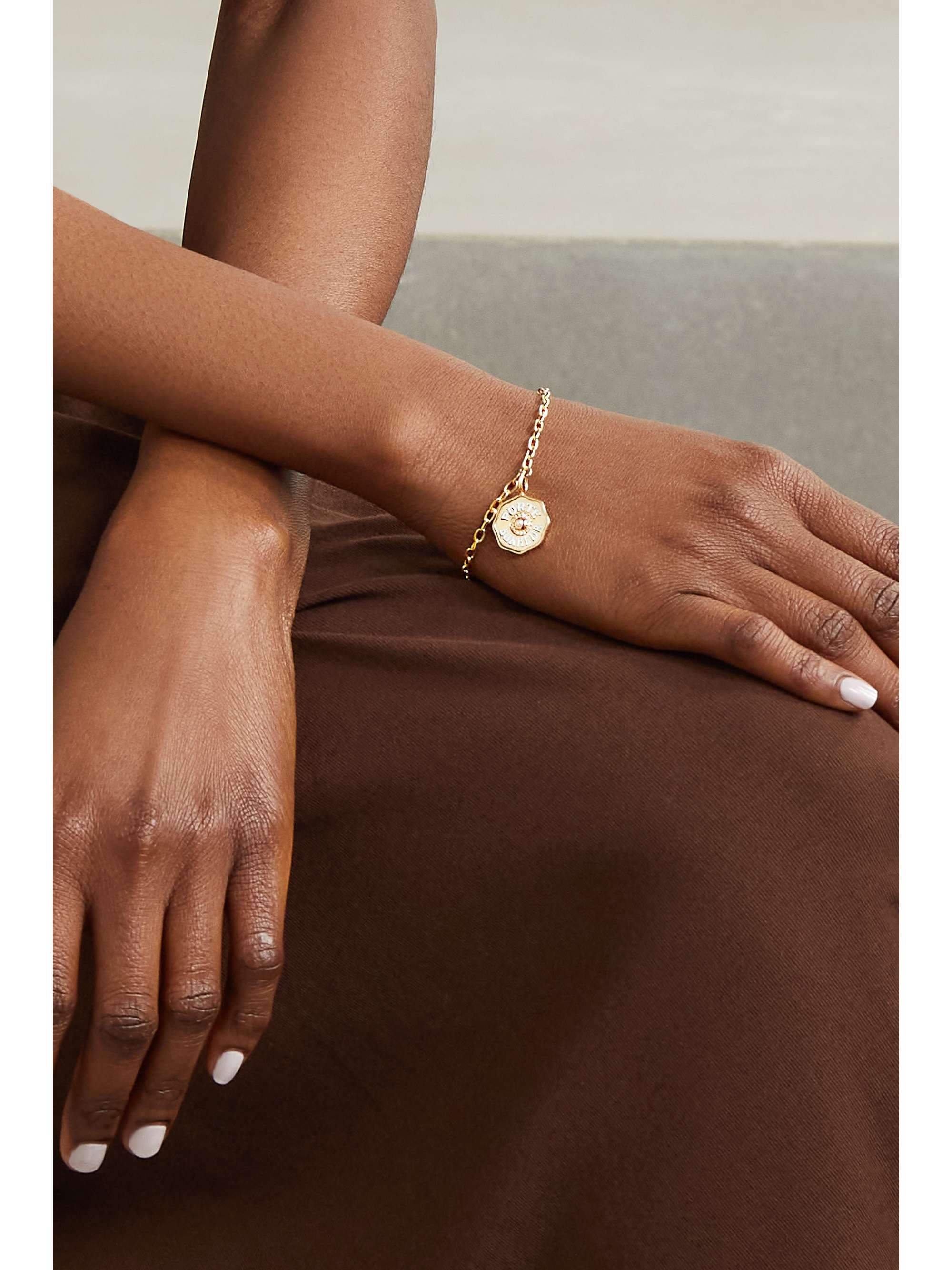 MARLO LAZ Mini Porte Bonheur Coin 14-karat gold, enamel and tourmaline bracelet