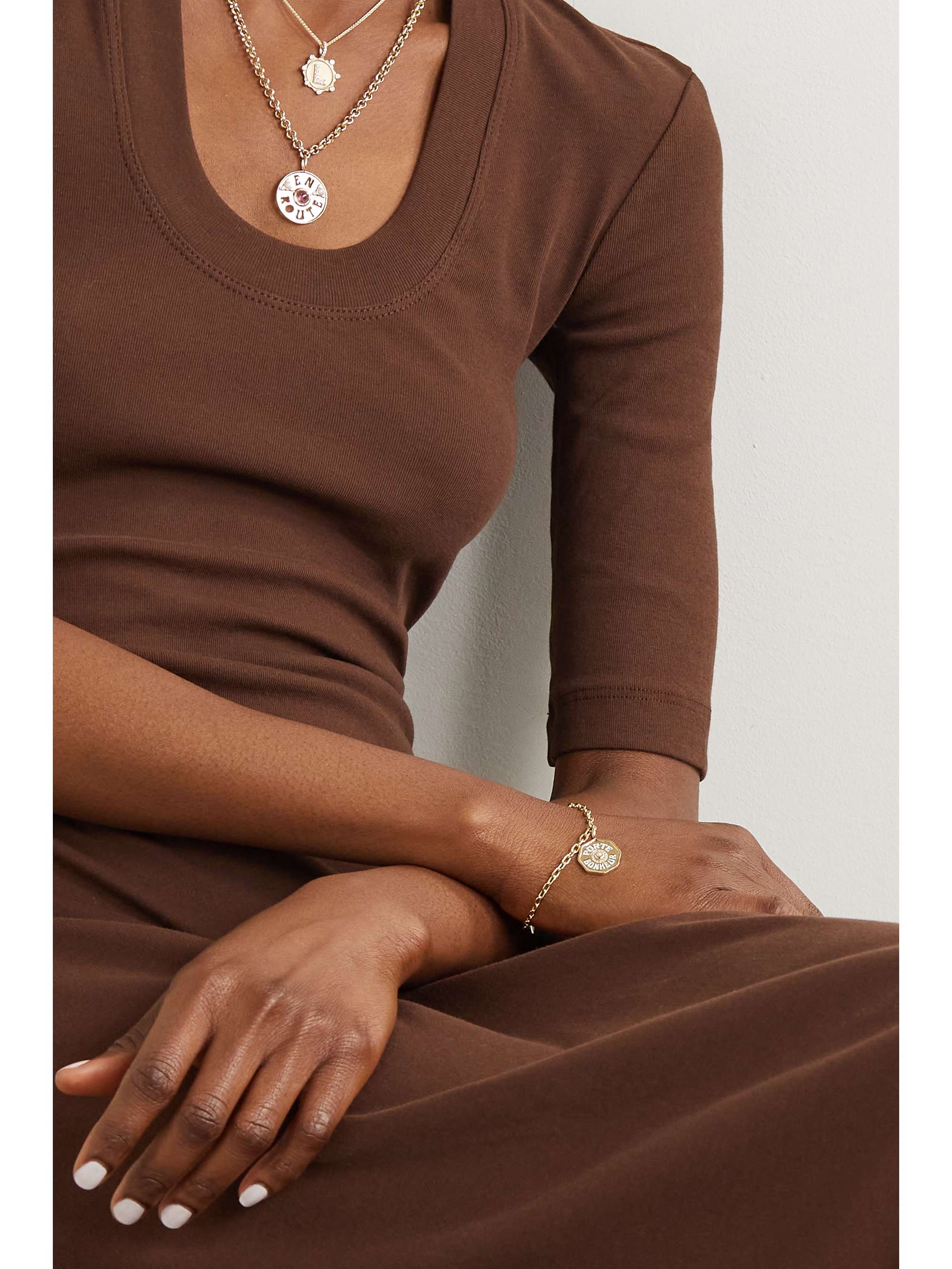 MARLO LAZ Mini Porte Bonheur Coin 14-karat gold, enamel and tourmaline bracelet