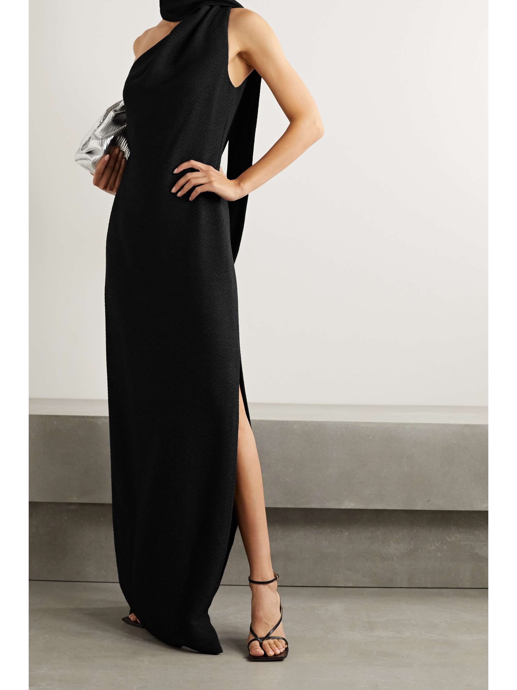 one shoulder draped gown