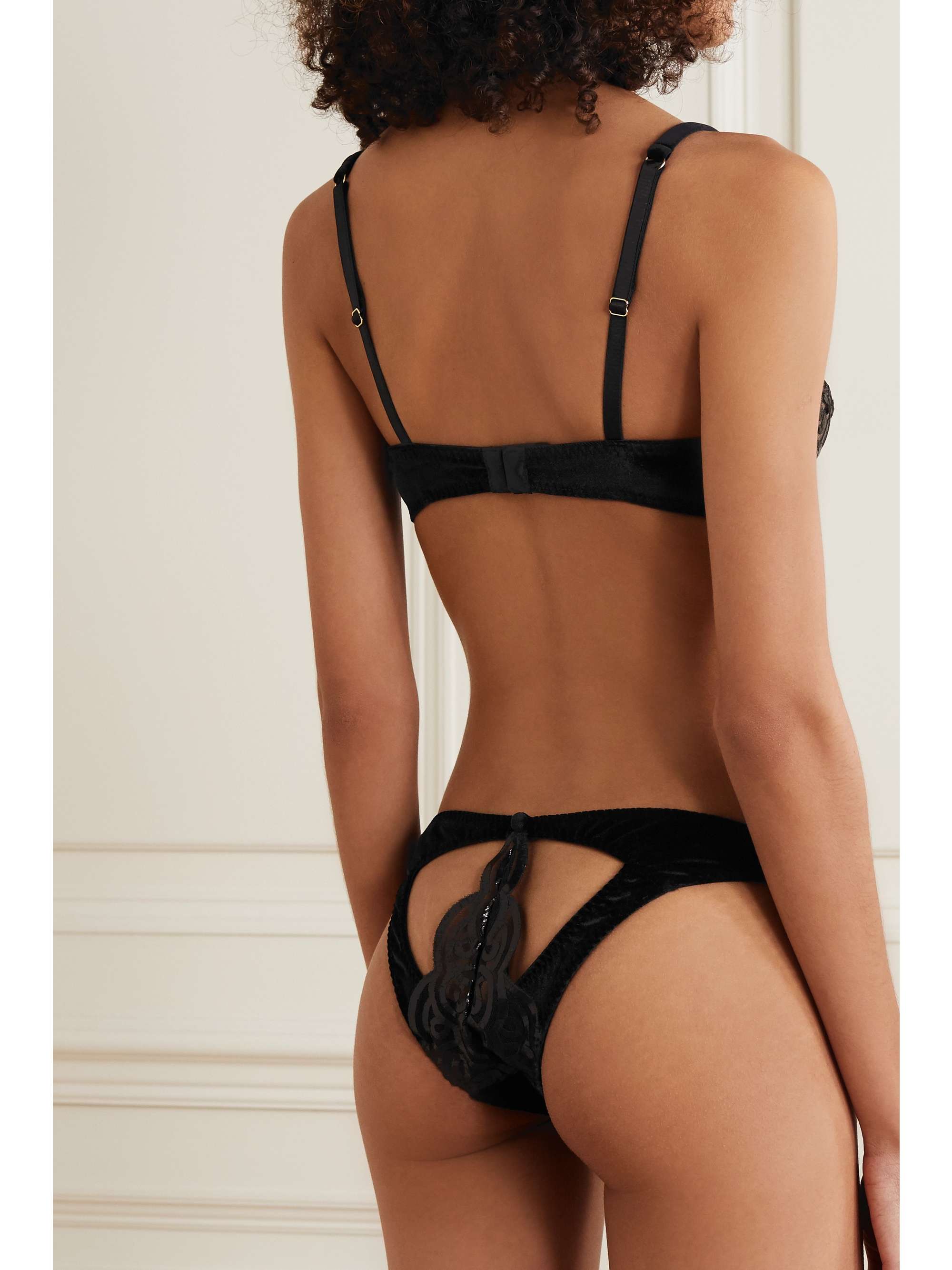 COCO DE MER Shobu cutout coated metallic-trimmed velvet and stretch-tulle briefs