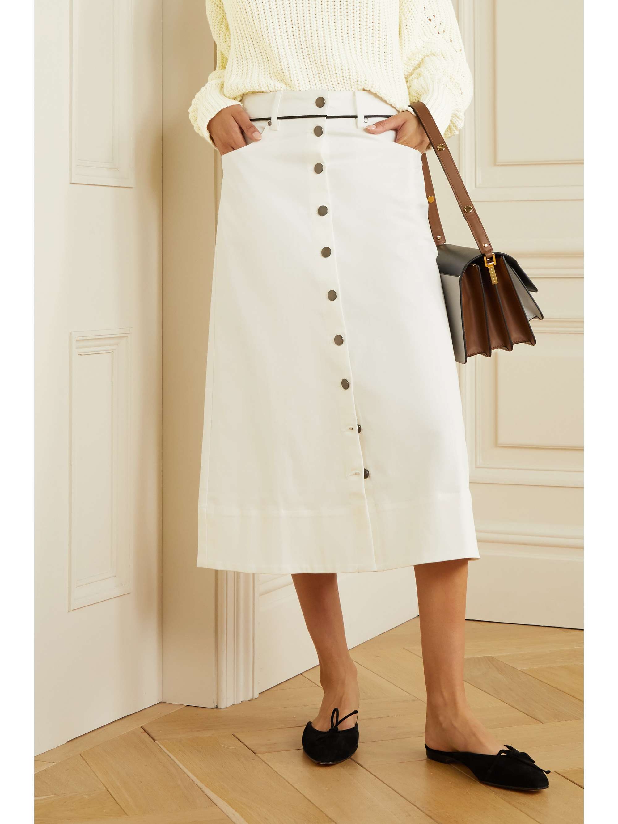 LA LIGNE Piped cotton-blend twill midi skirt