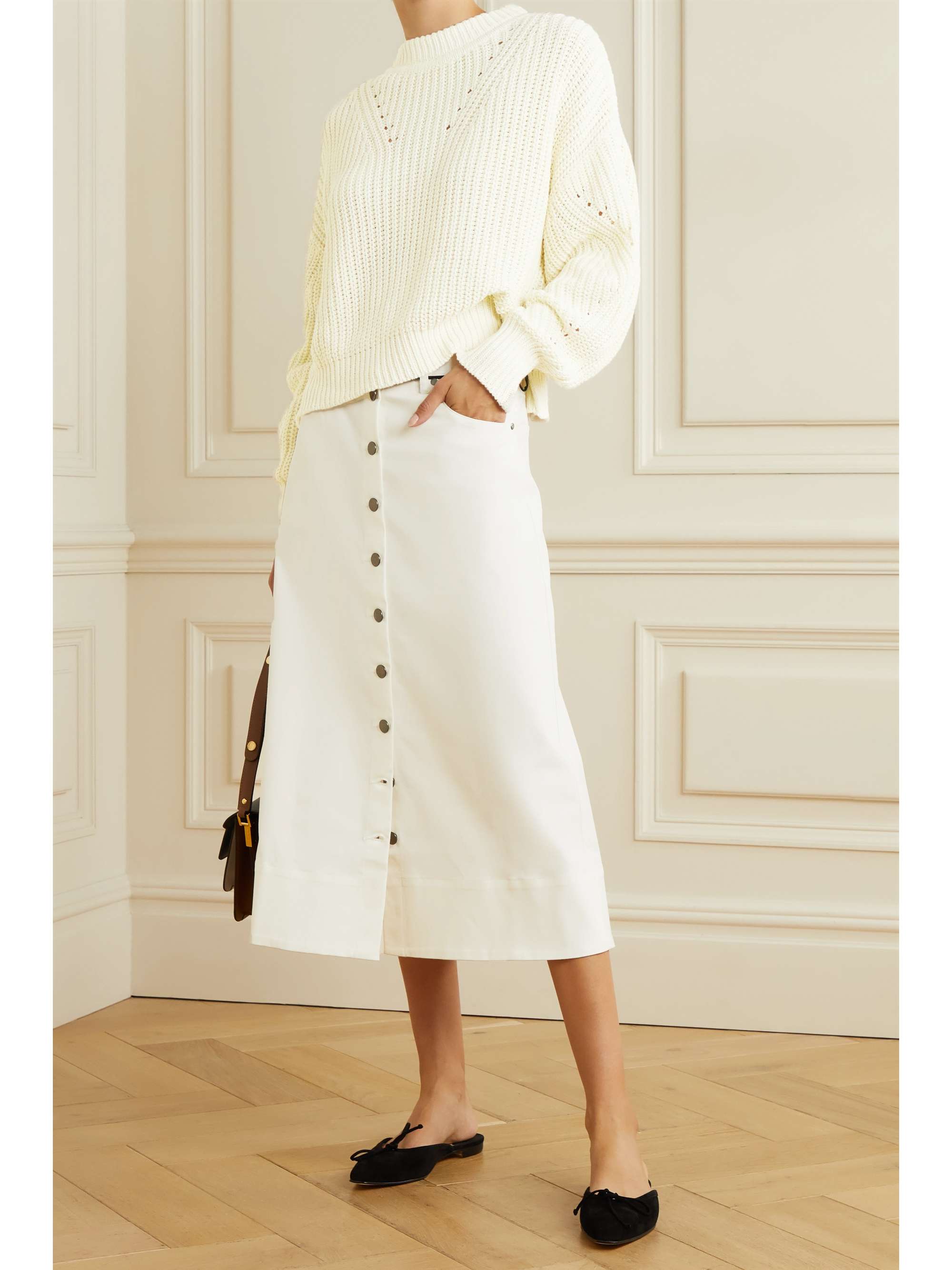 LA LIGNE Piped cotton-blend twill midi skirt