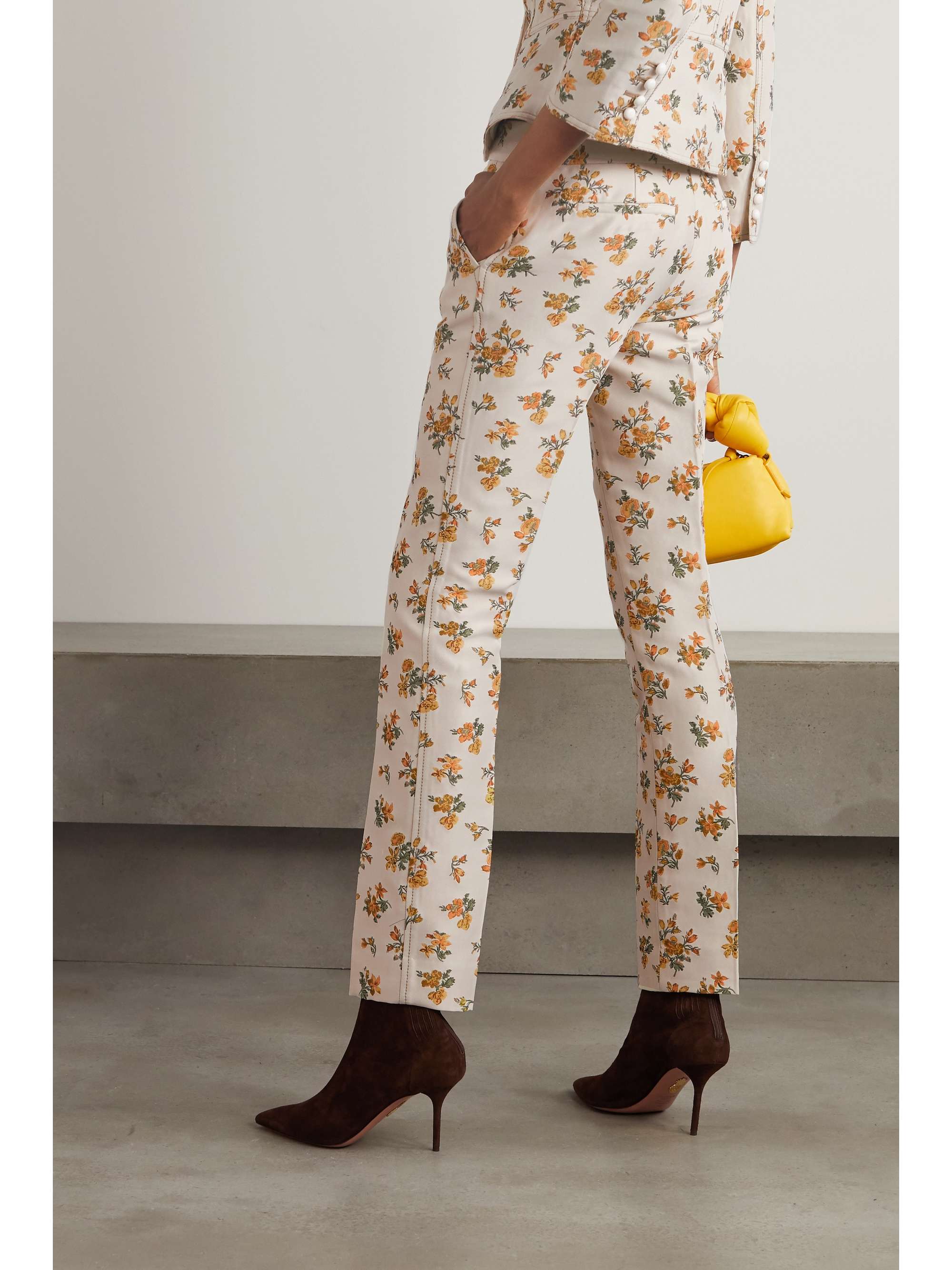 Ecru Floral-jacquard slim-leg pants 