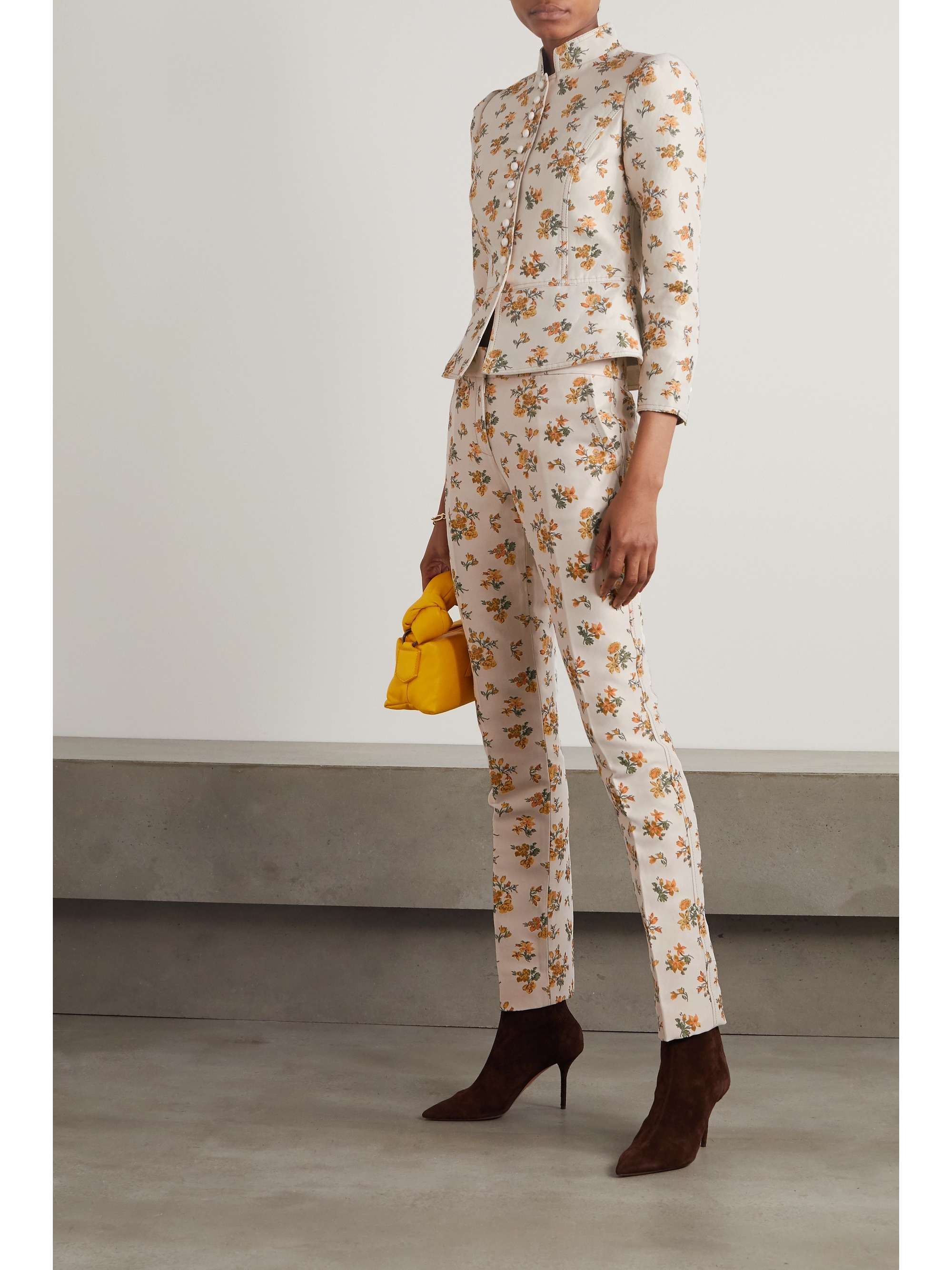 Ecru Floral-jacquard slim-leg pants 
