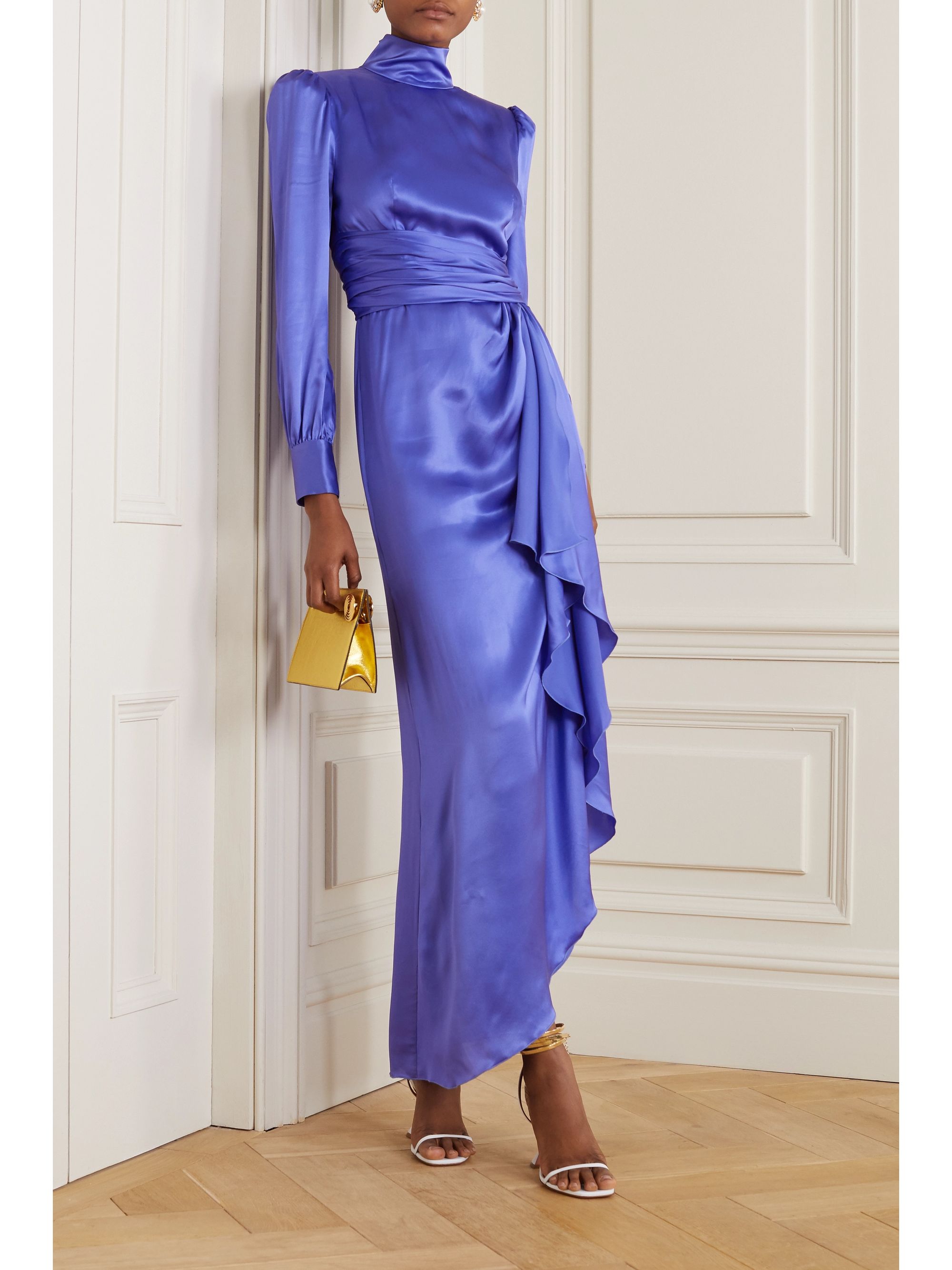 Blue Draped silk-satin turtleneck gown 