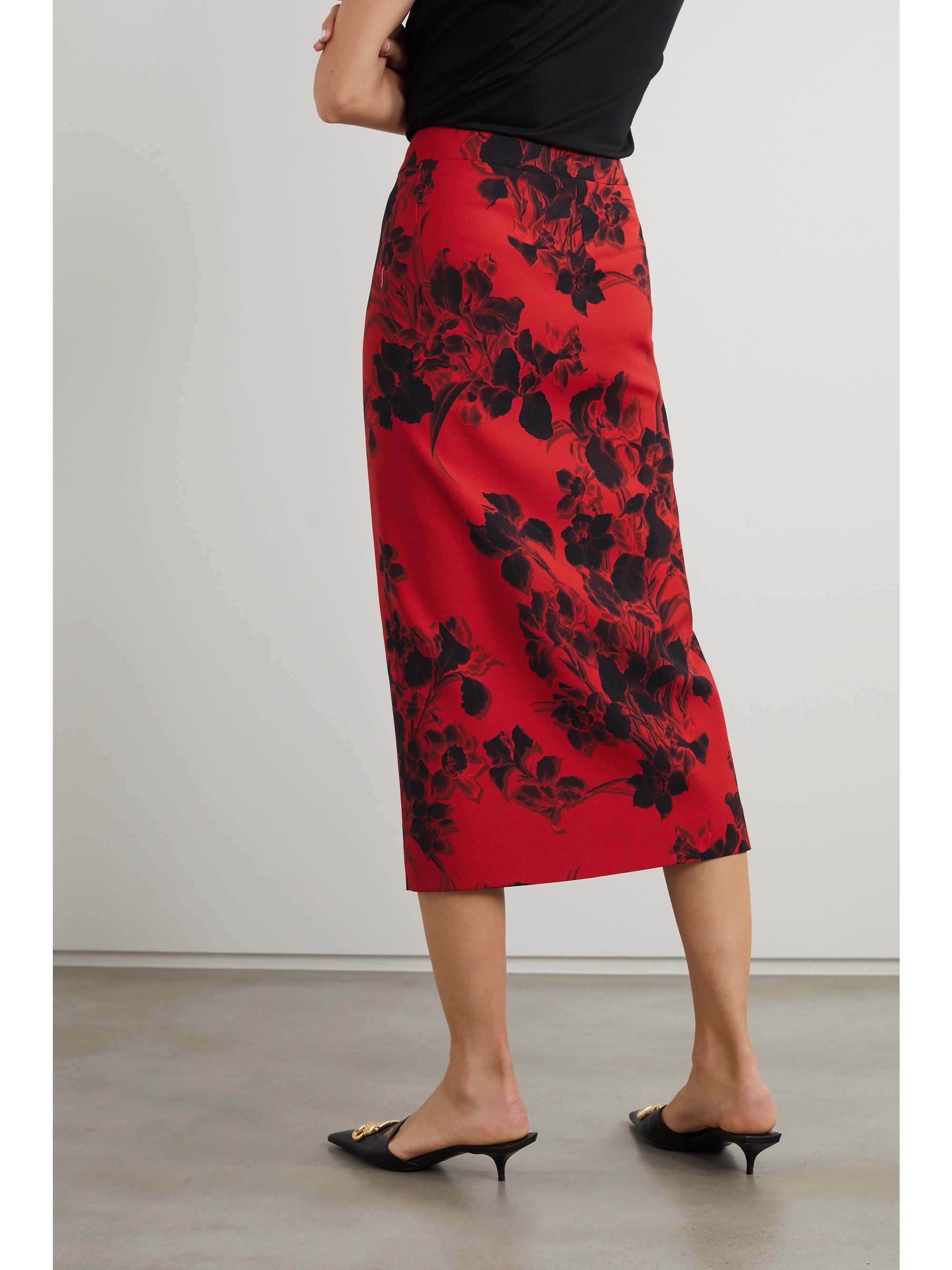 red floral midi pencil skirt