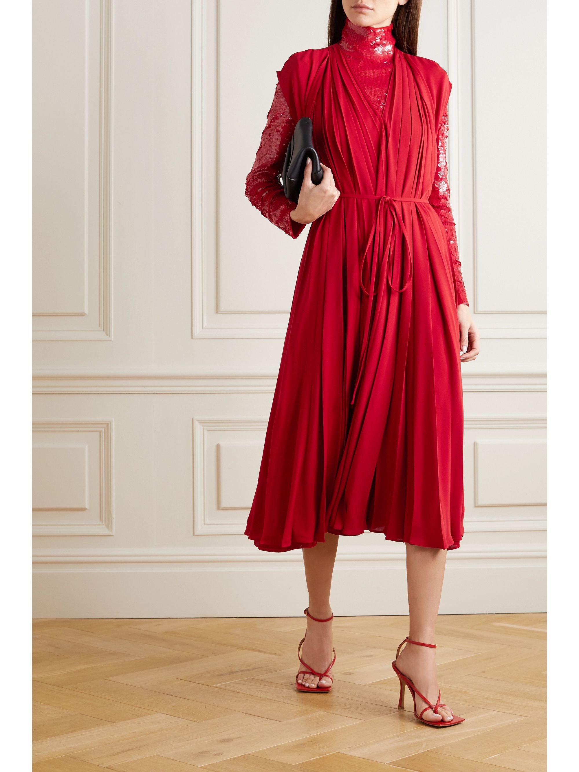 Red Tie-detailed pleated silk-georgette 
