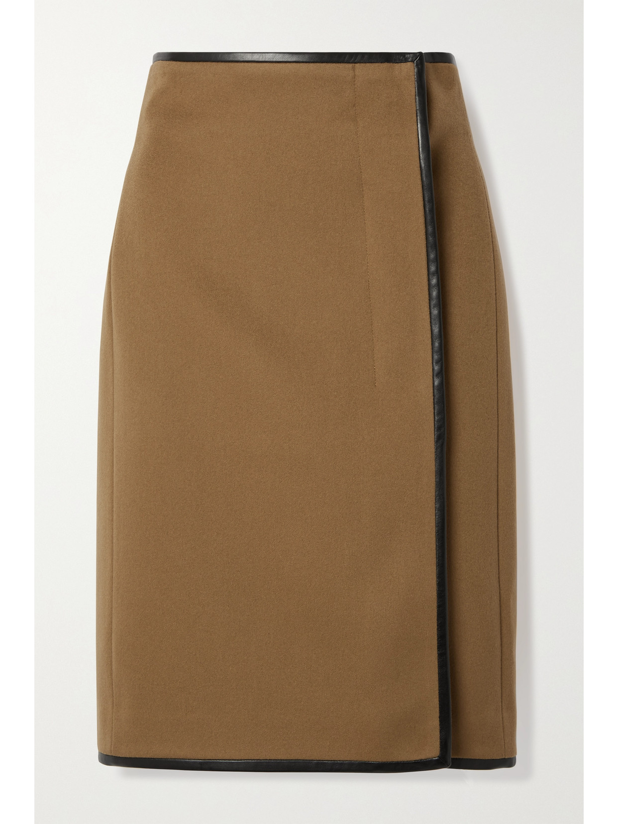 SAINT LAURENT LEATHER-TRIMMED WOOL AND CASHMERE-BLEND WRAP SKIRT