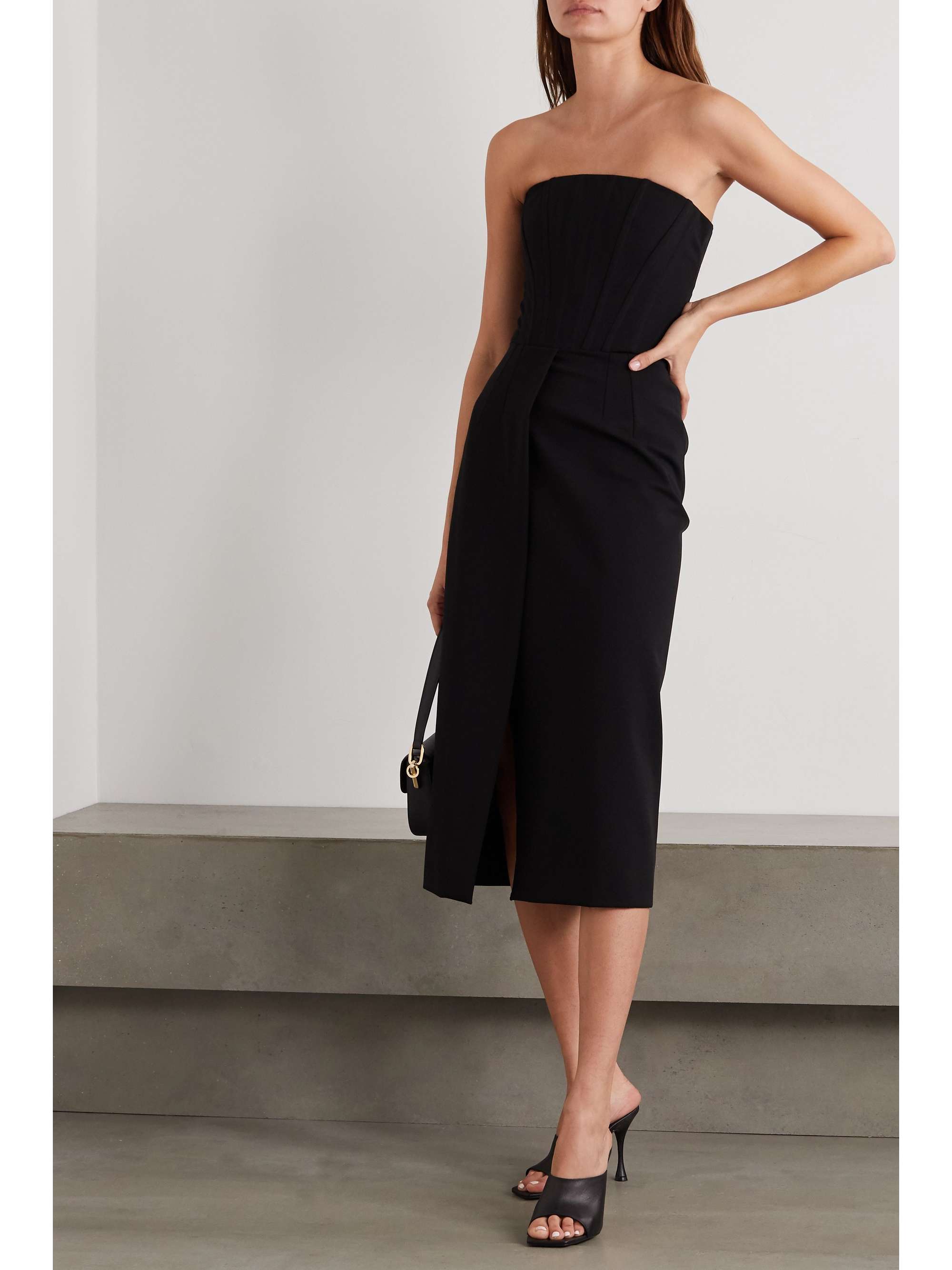 black strapless dress midi