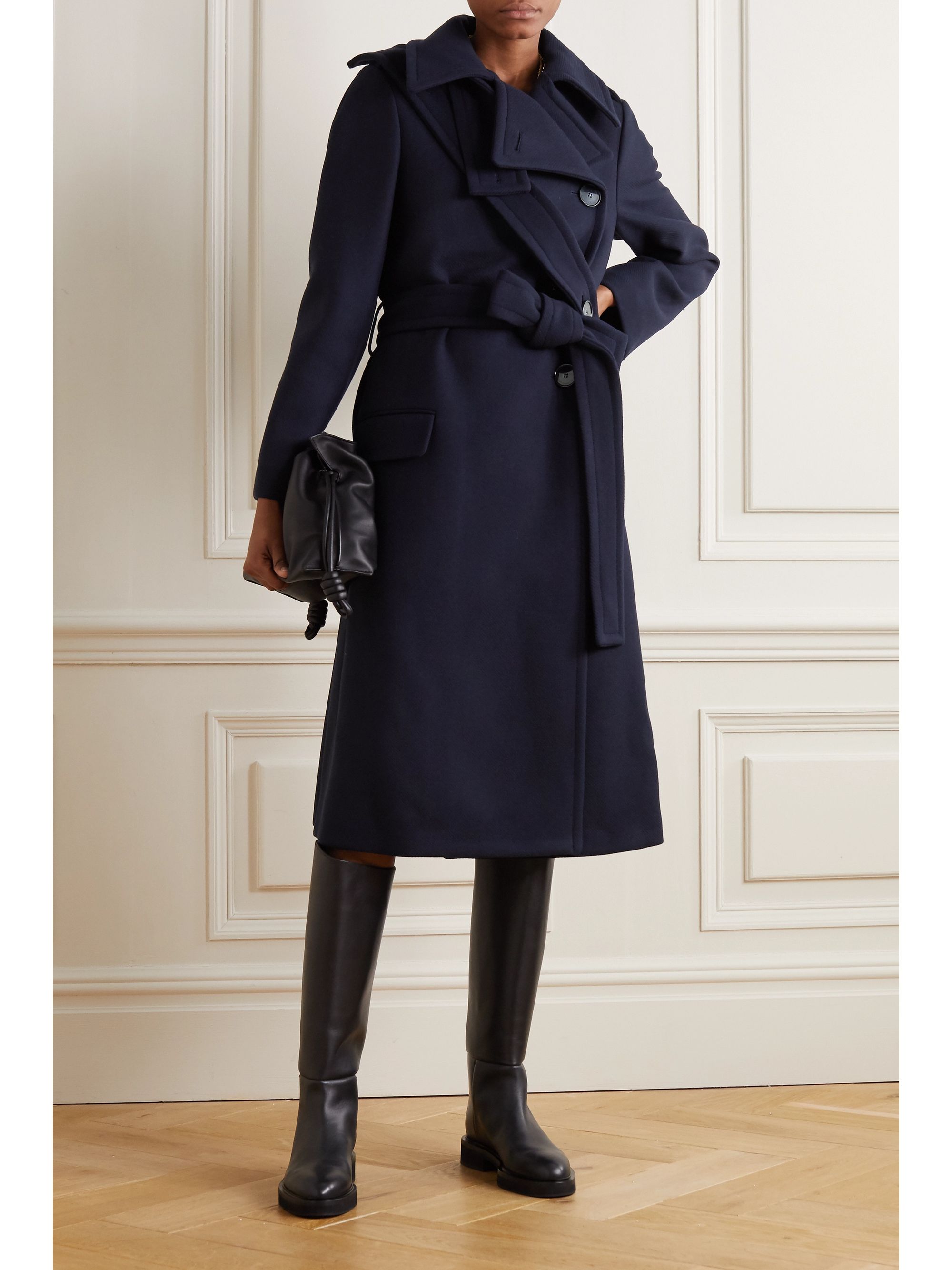 navy belted wool coat