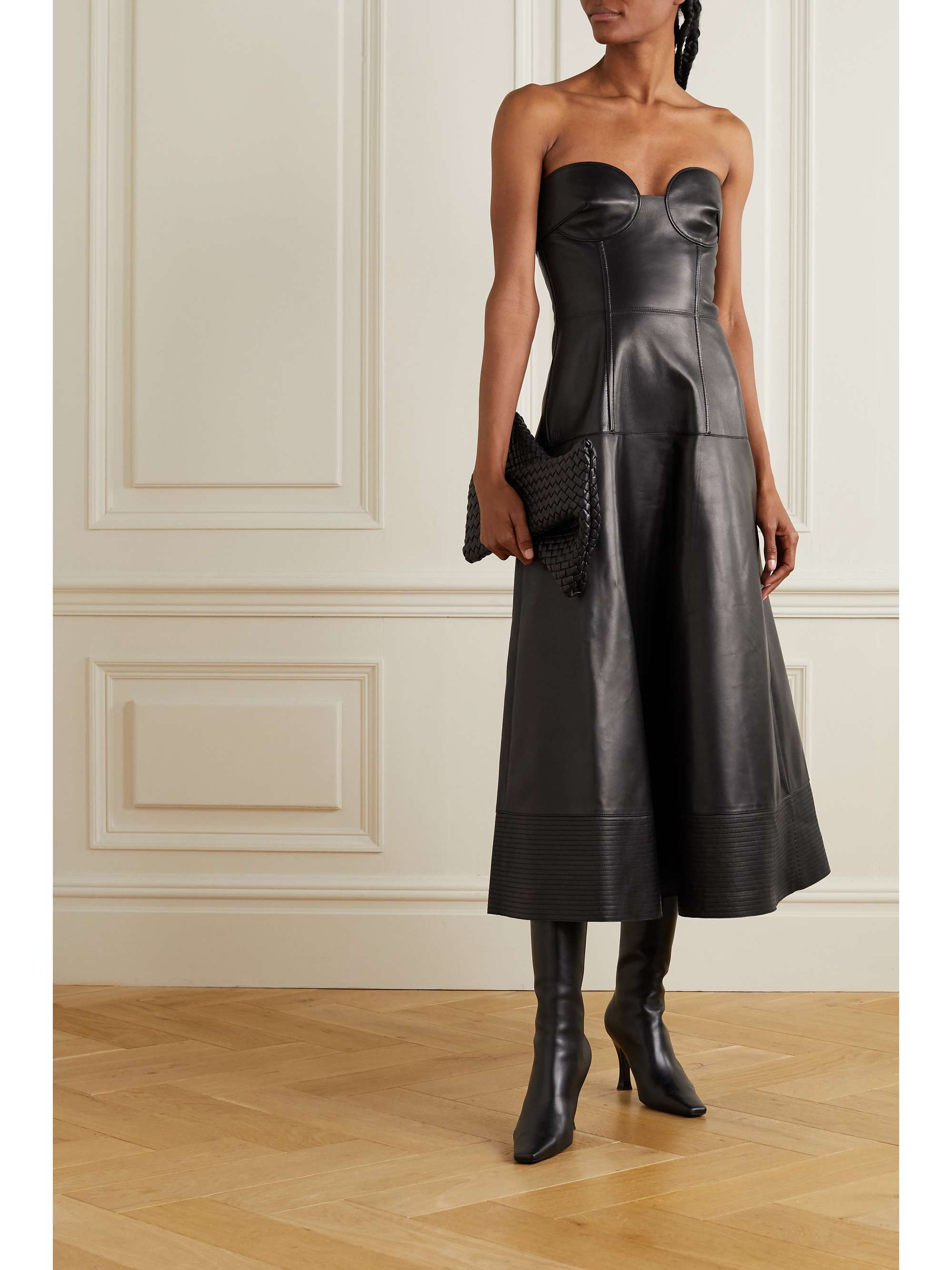 VALENTINO GARAVANI Strapless leather midi dress
