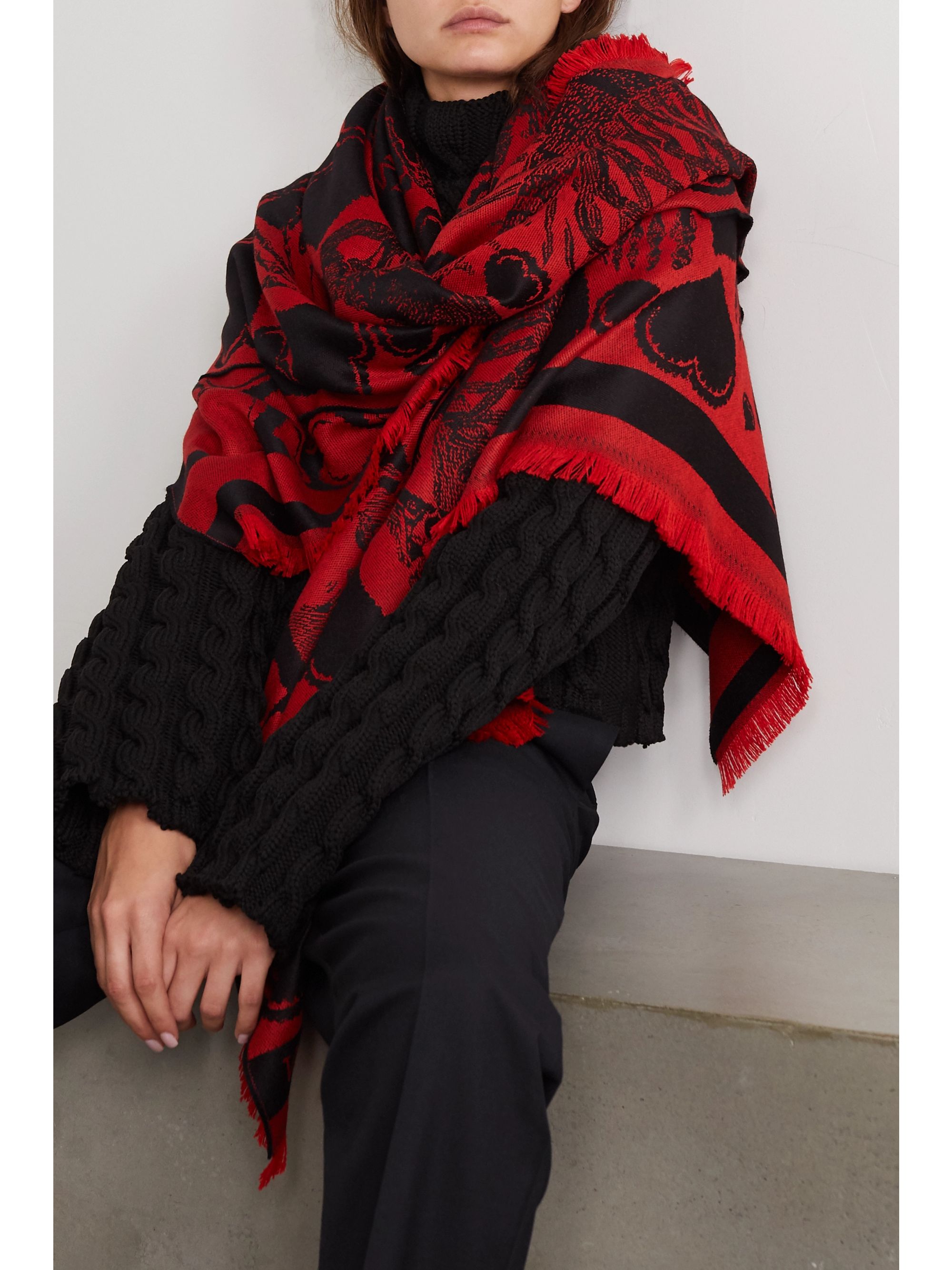 Red Fringed Wool Jacquard Scarf Alexander Mcqueen Net A Porter