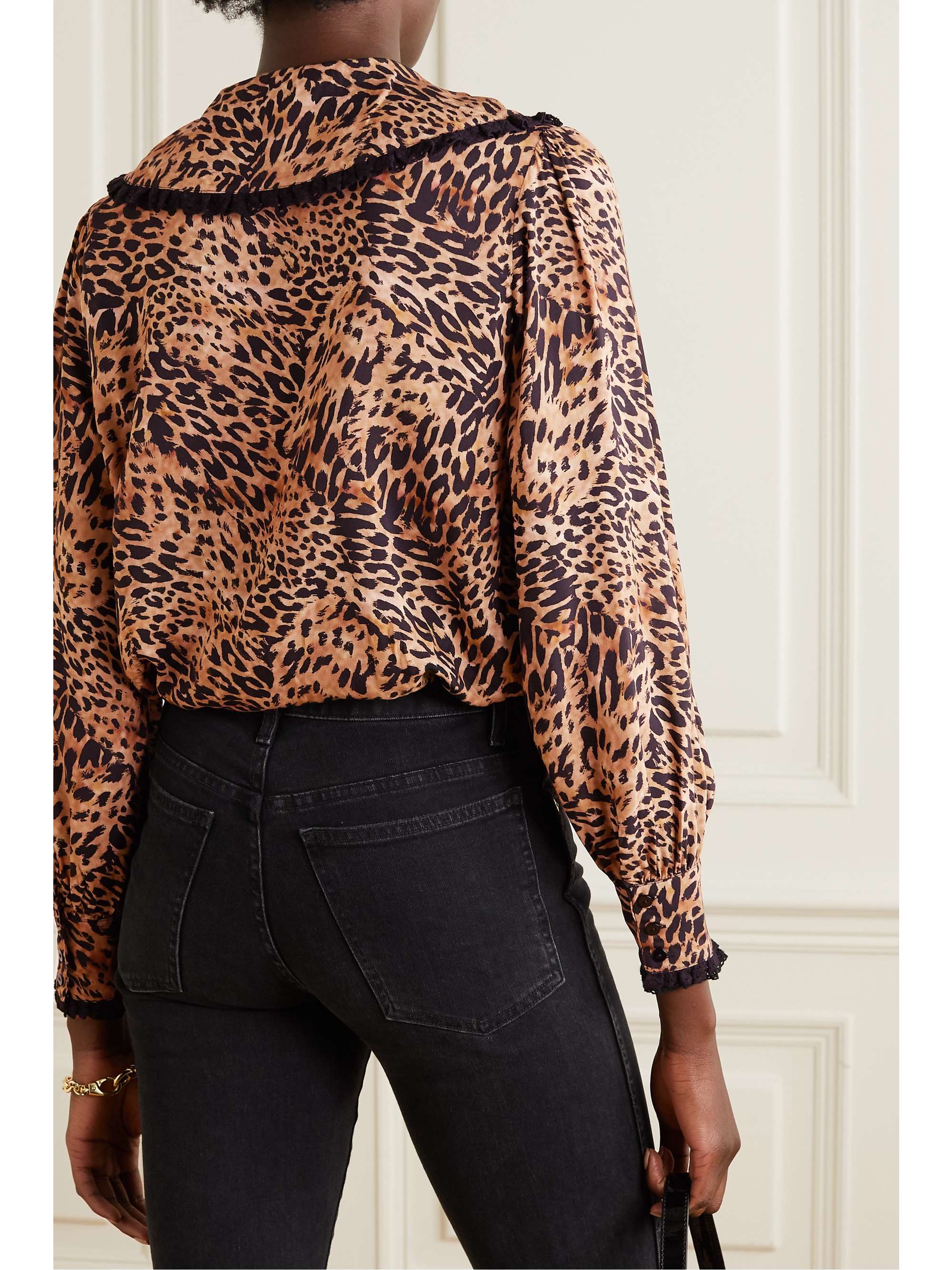 RIXO Misha crochet-trimmed leopard-print woven blouse