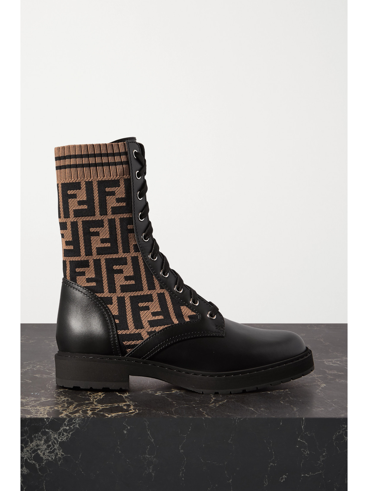 FENDI ROCKOKO LOGO-JACQUARD STRETCH-KNIT AND LEATHER ANKLE BOOTS