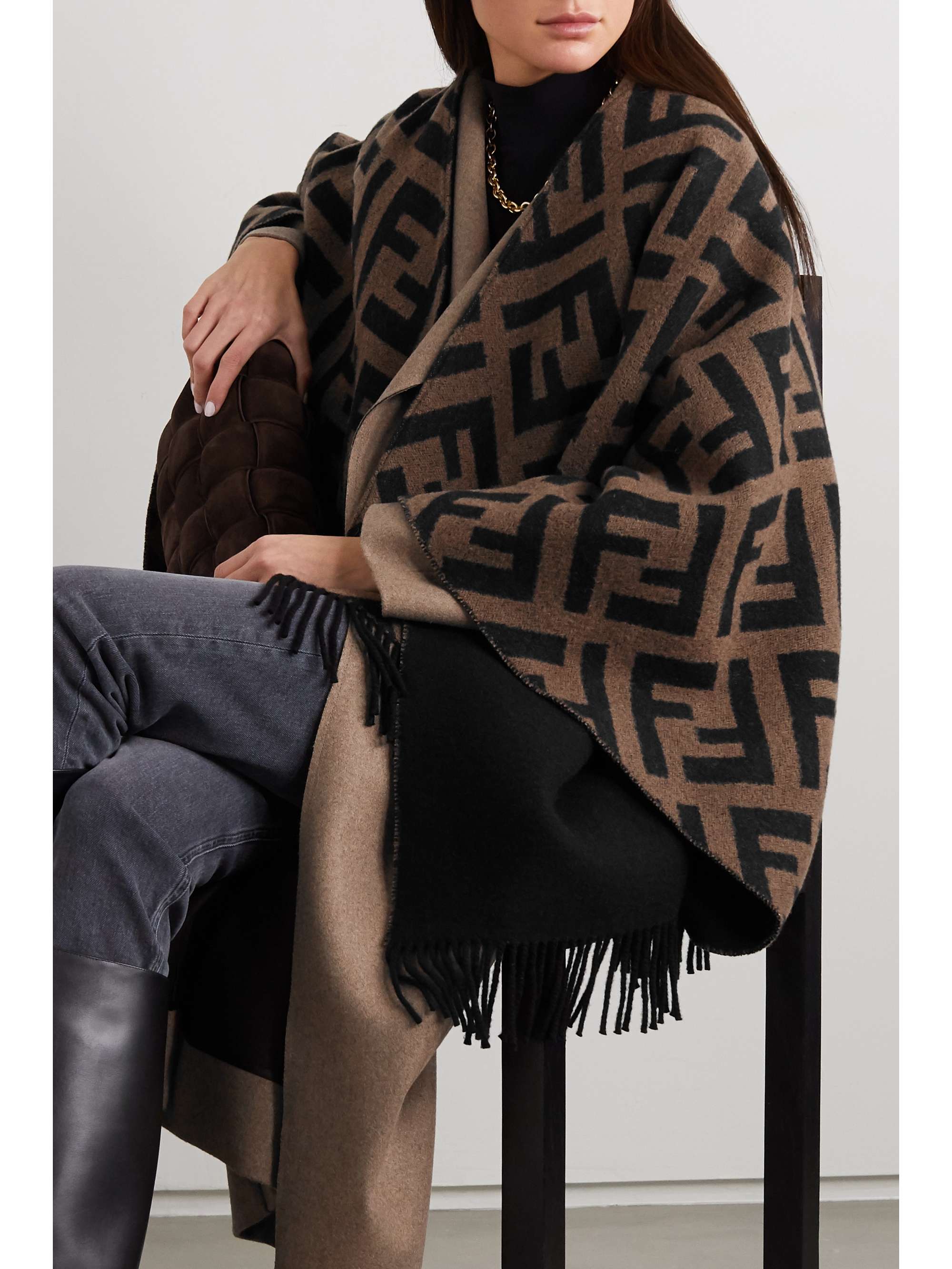 FENDI Reversible fringed intarsia wool and cashmere-blend wrap