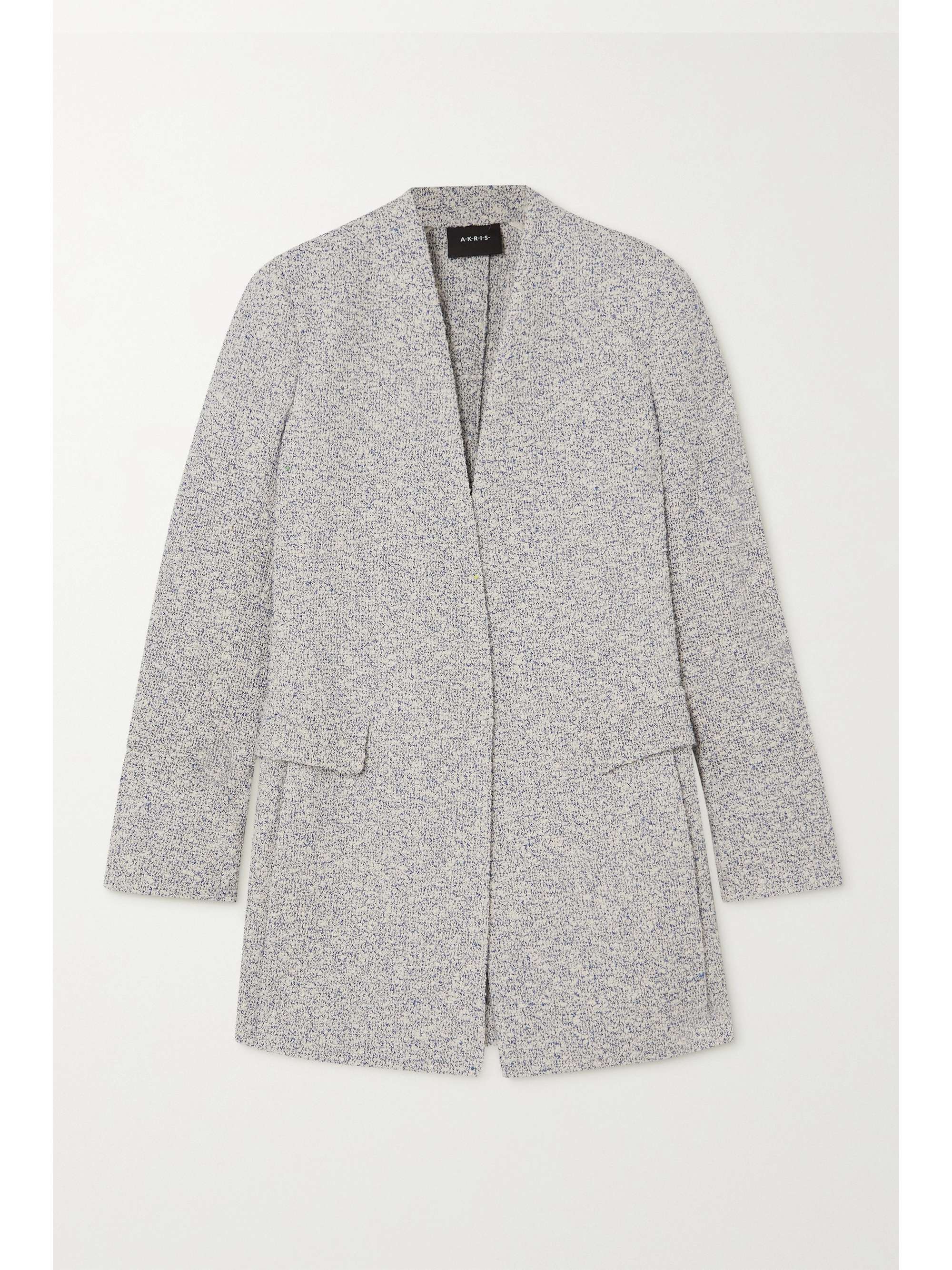 grey collarless jacket