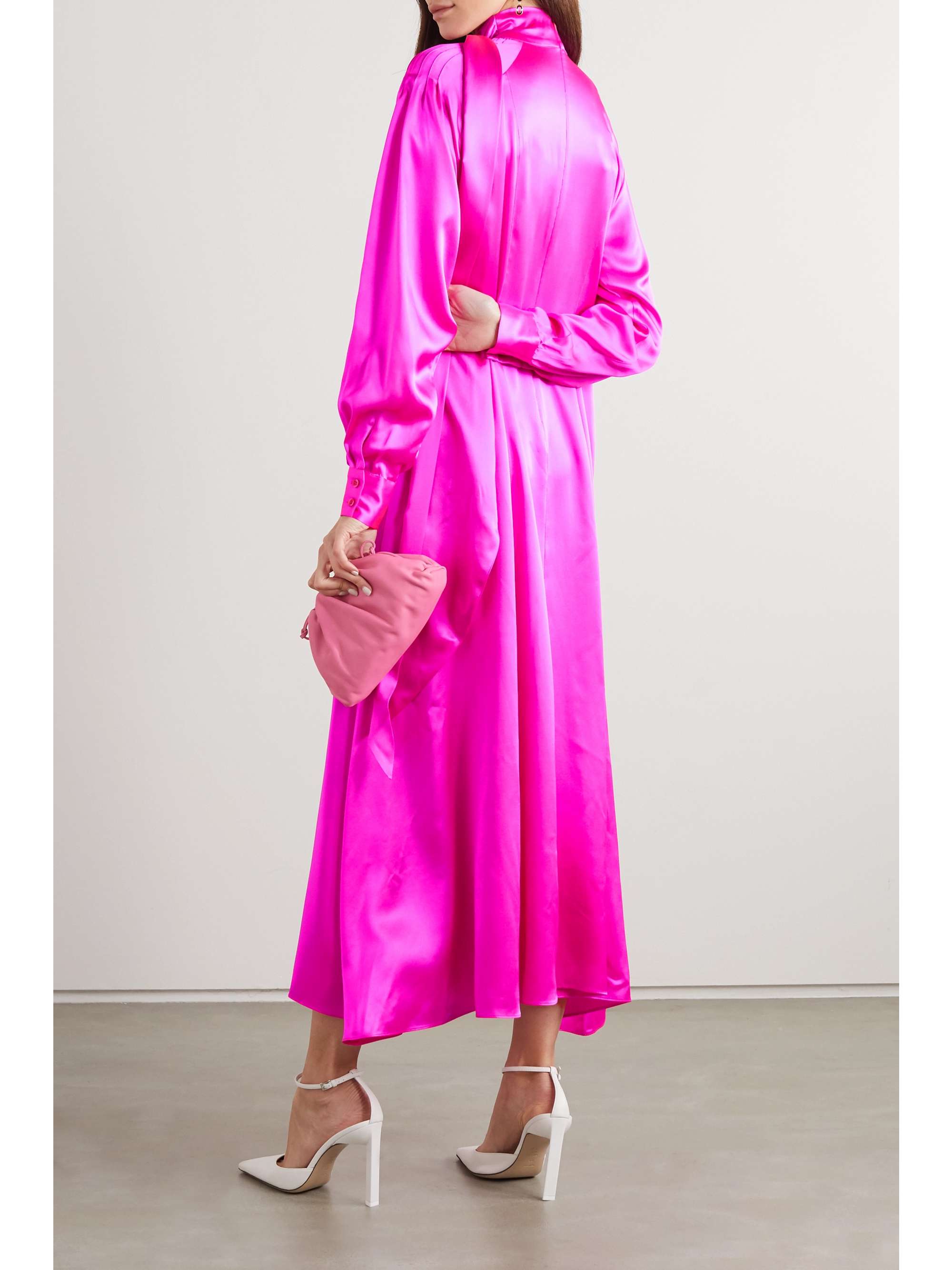 CHRISTOPHER JOHN ROGERS Tie-detailed pintucked neon silk-charmeuse dress